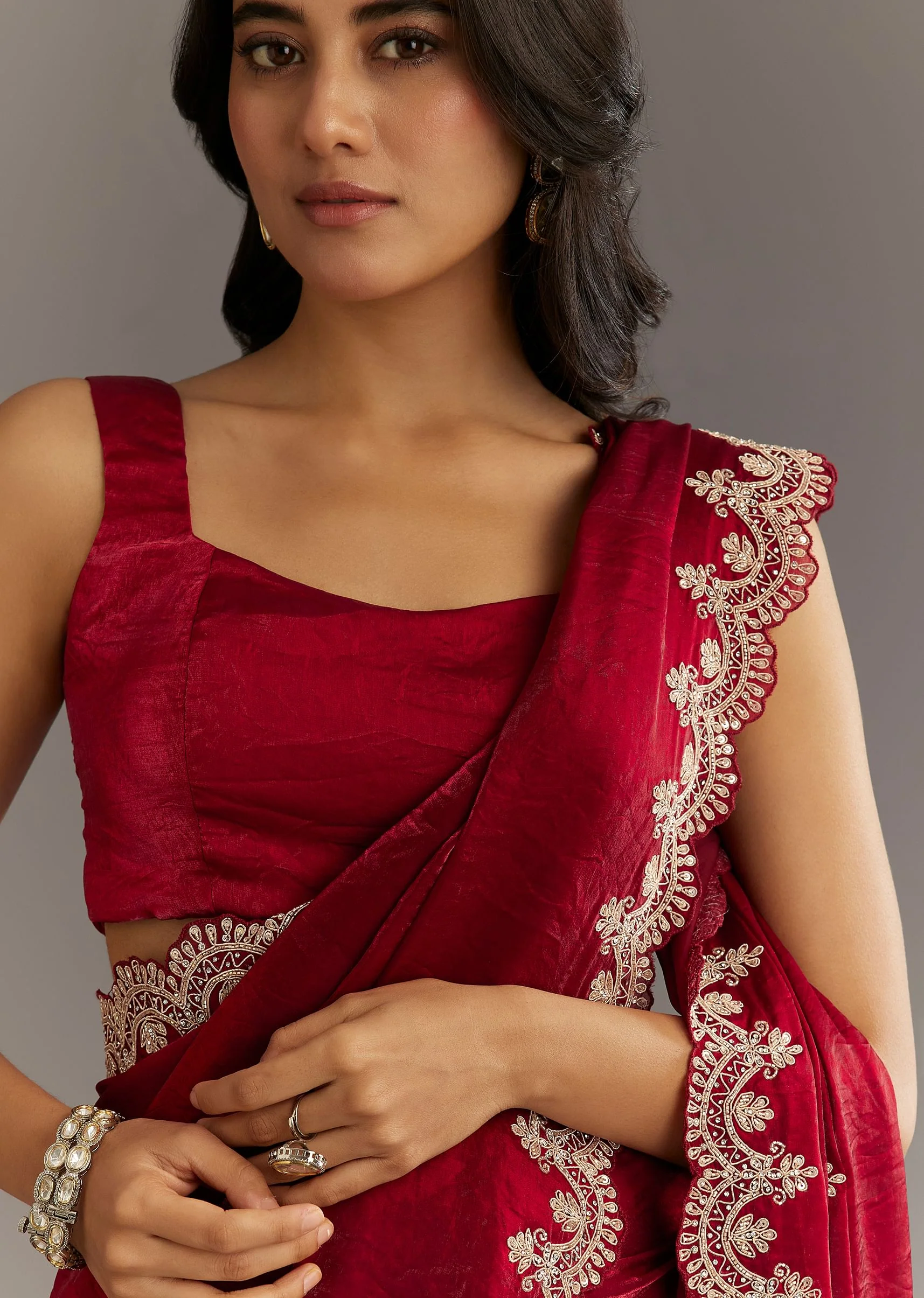 Maroon Satin Embroidered Saree With Scallop Border - Image 2