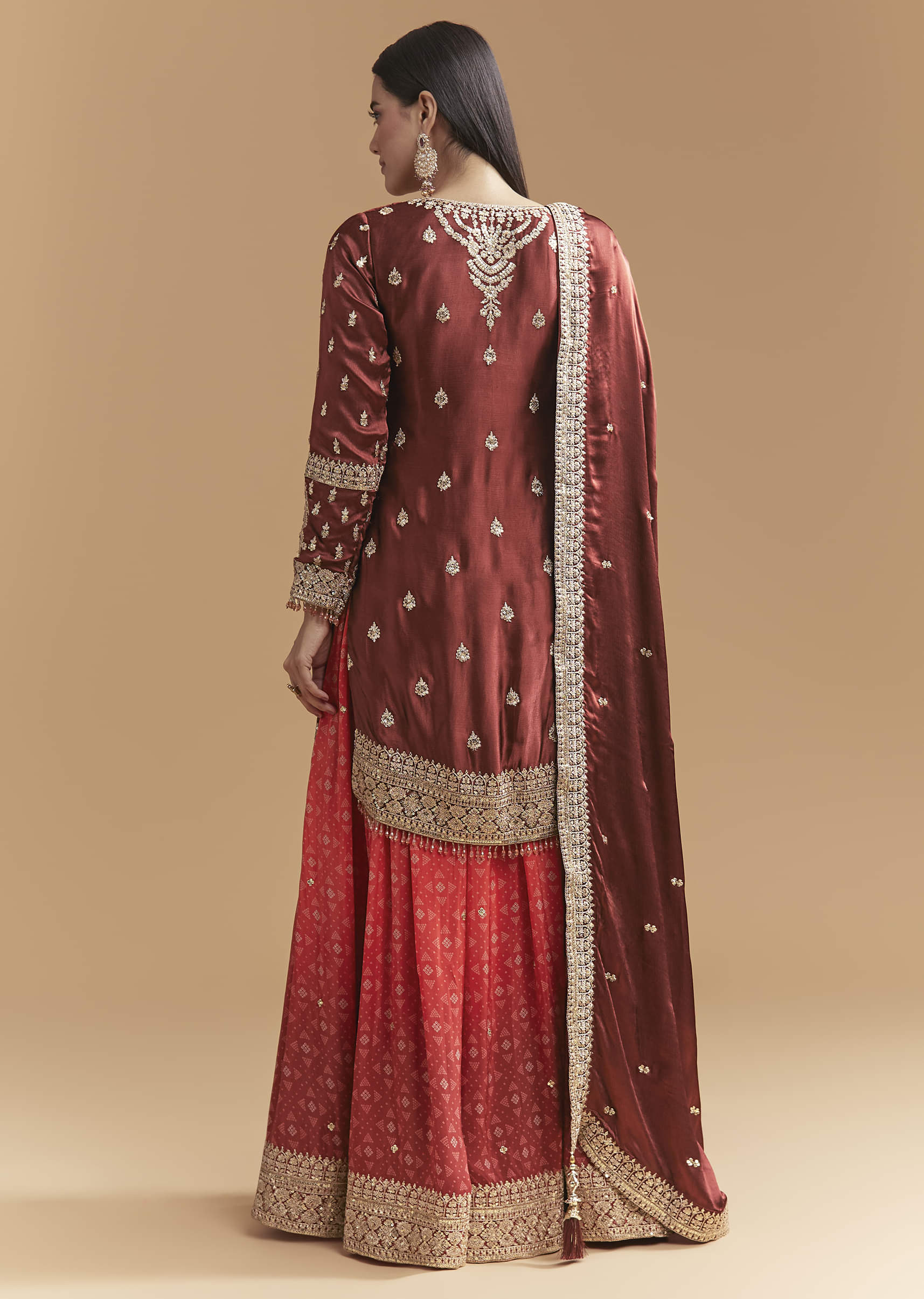 Maroon Satin Palazzo Suit With Heavy Zari Work - Image 5