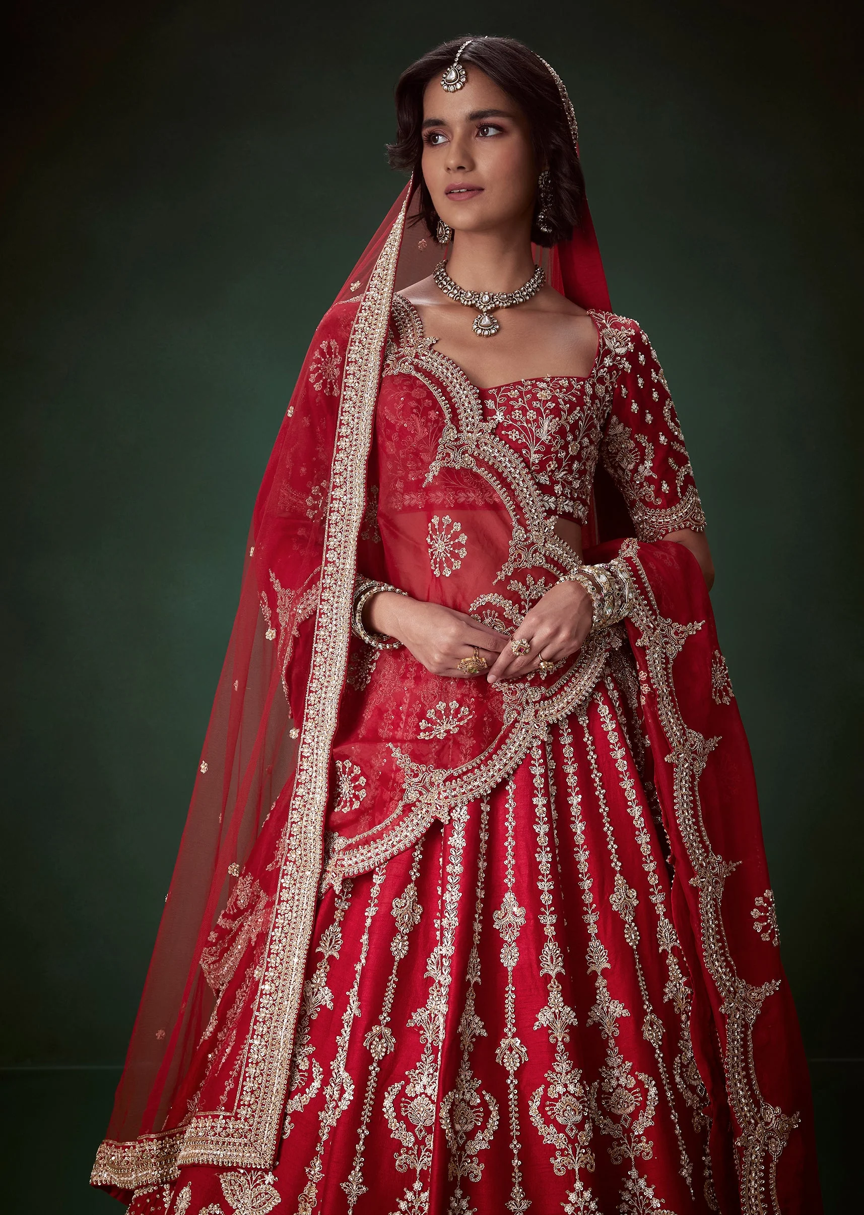 Maroon Silk Bridal Lehenga Set with Two Duapattas - Image 6