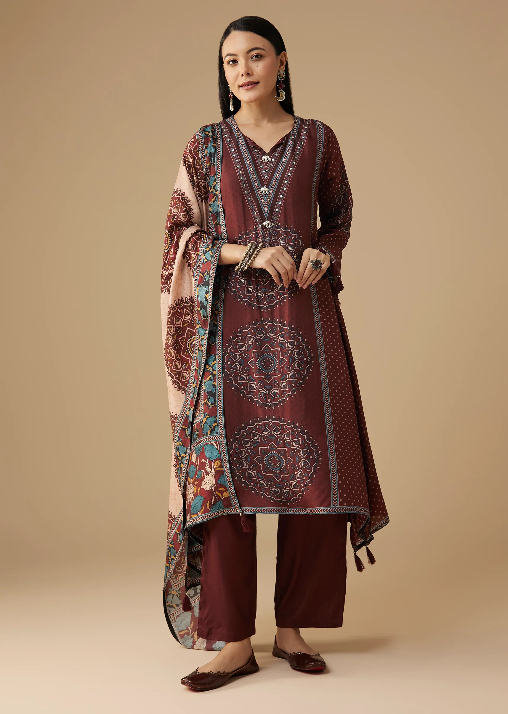 Maroon Silk Celebration Duo – Printed Silk Kurta Pant Set For Her And Maroon Casual Kurta Set For Him - Image 5