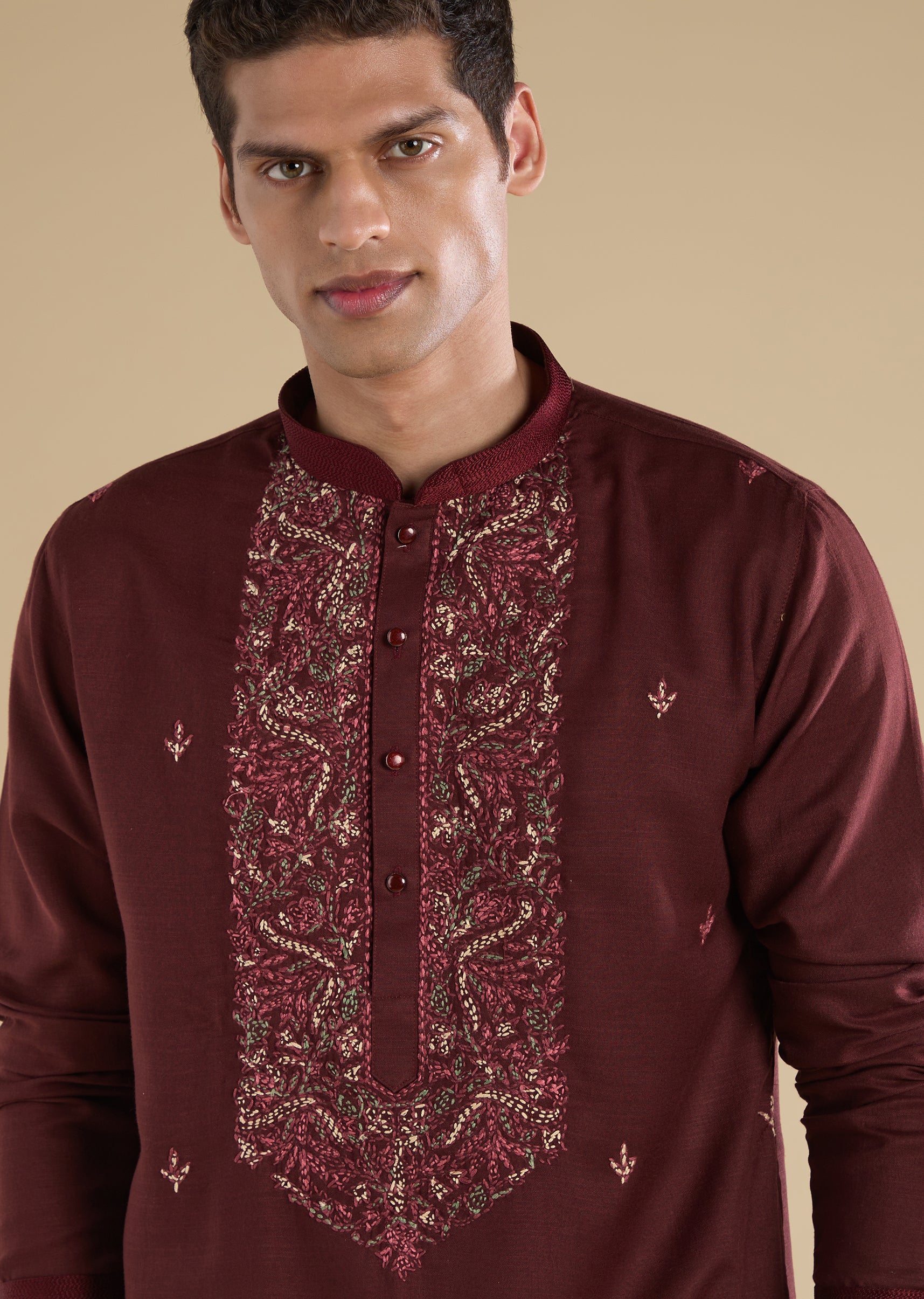 Maroon Silk Celebration Duo – Printed Silk Kurta Pant Set For Her And Maroon Casual Kurta Set For Him - Image 7