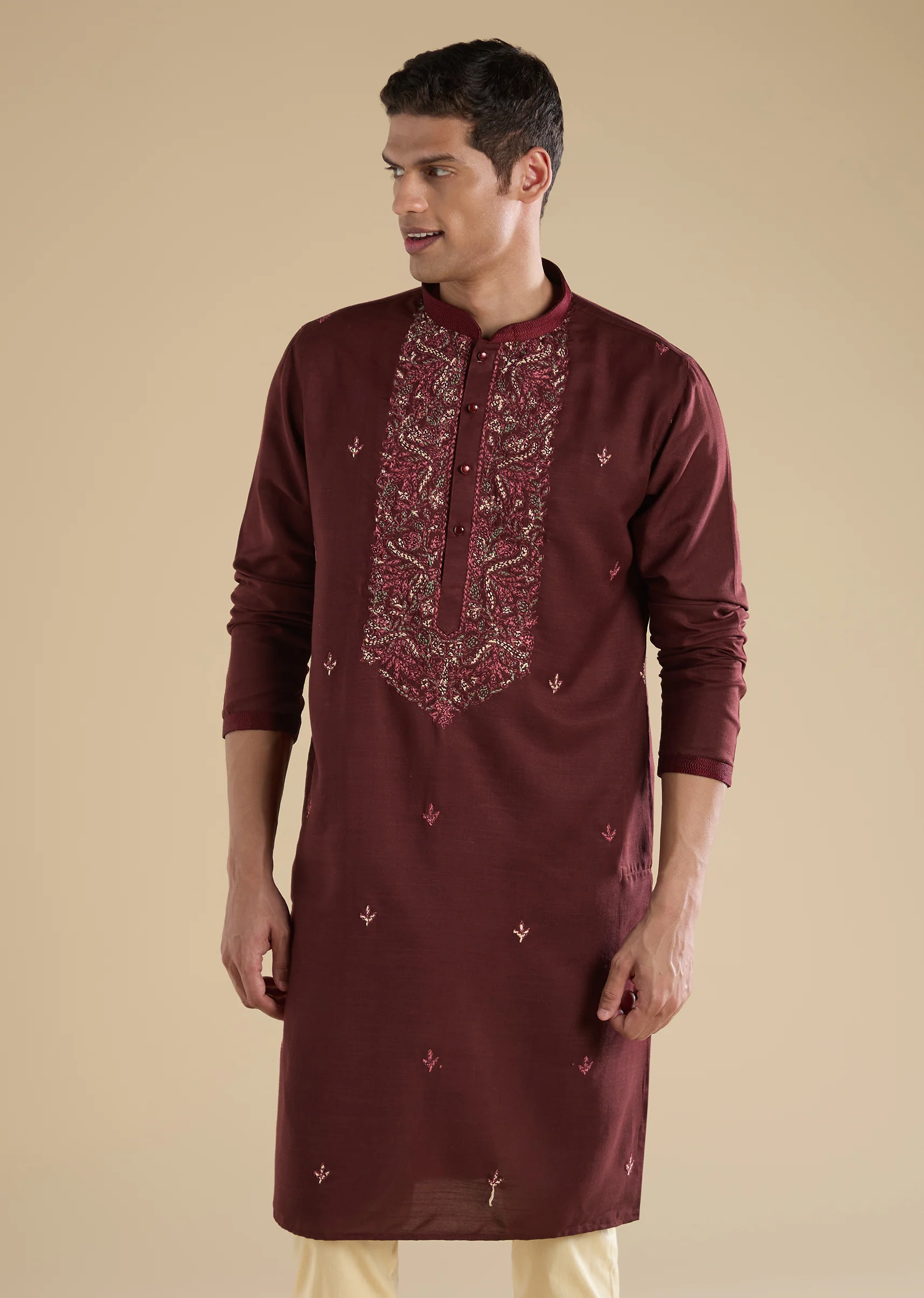 Maroon Silk Celebration Duo – Printed Silk Kurta Pant Set For Her And Maroon Casual Kurta Set For Him - Image 8
