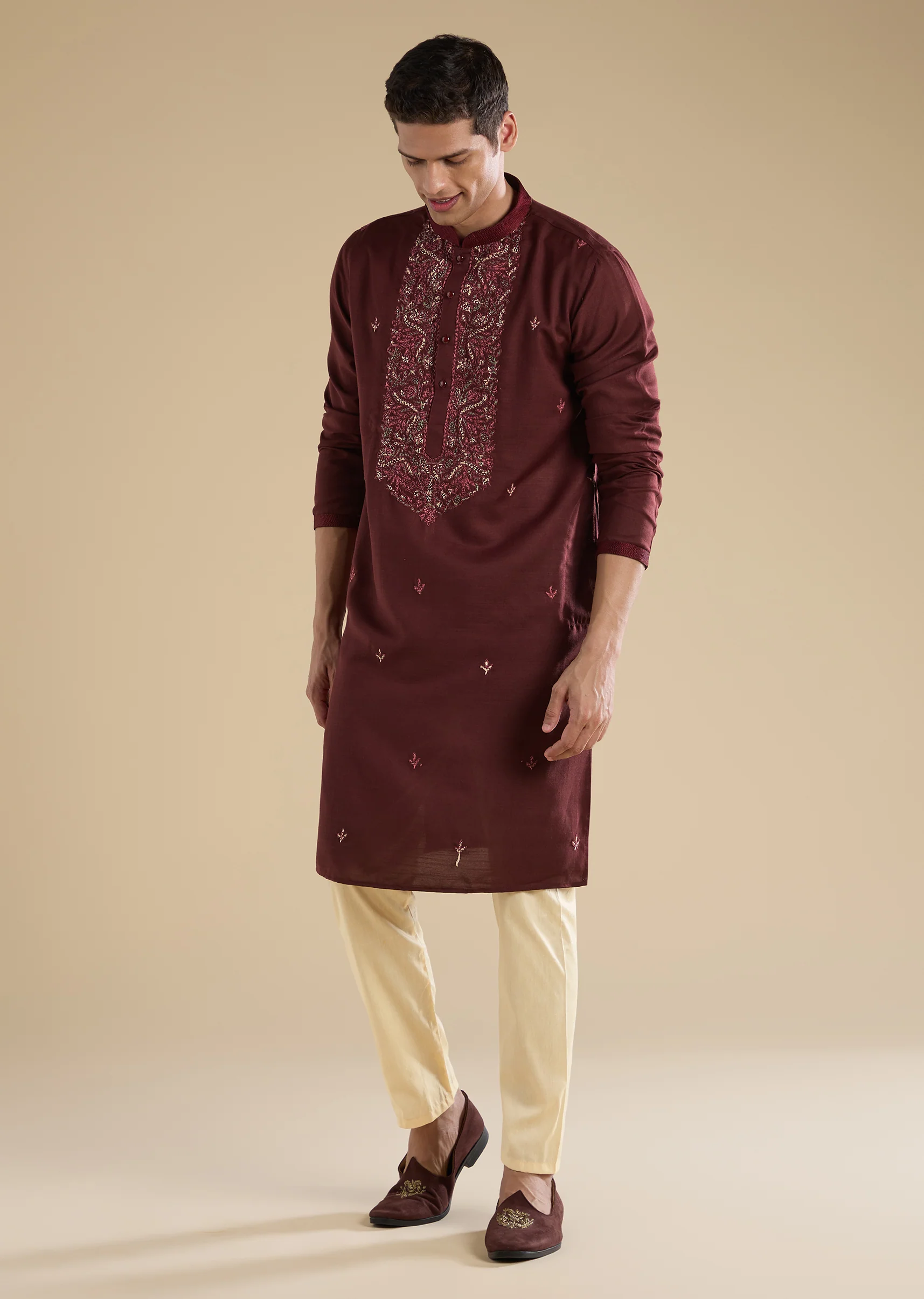 Maroon Silk Celebration Duo – Printed Silk Kurta Pant Set For Her And Maroon Casual Kurta Set For Him - Image 9