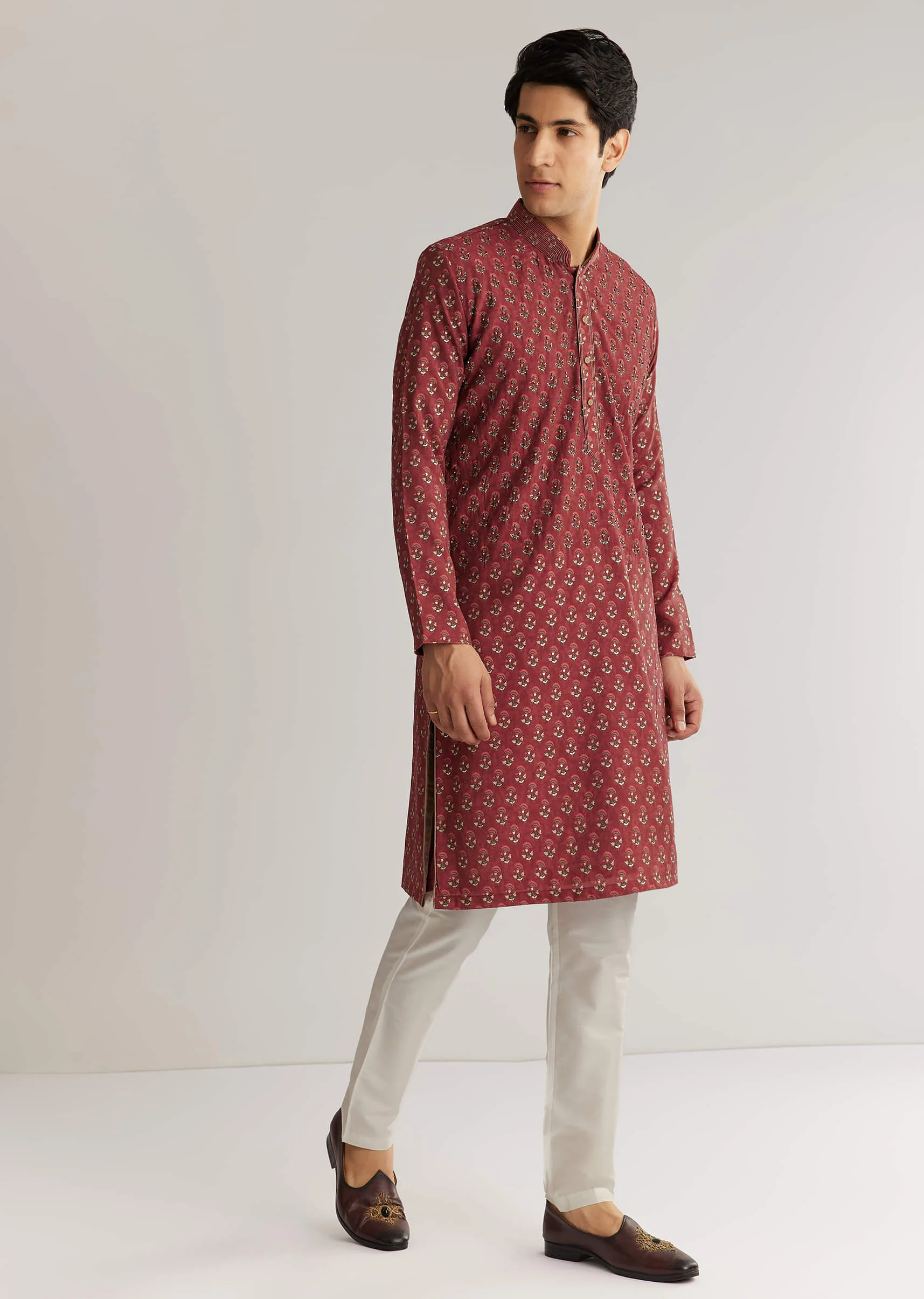 Maroon Silk Cutdana Floral Kurta Set - Image 2