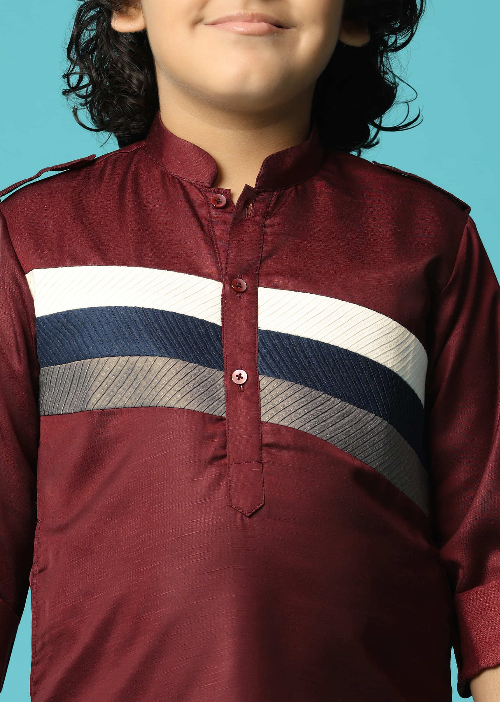 Maroon Silk Kurta Salwar With Pintuck Detailing For Boys - Image 4