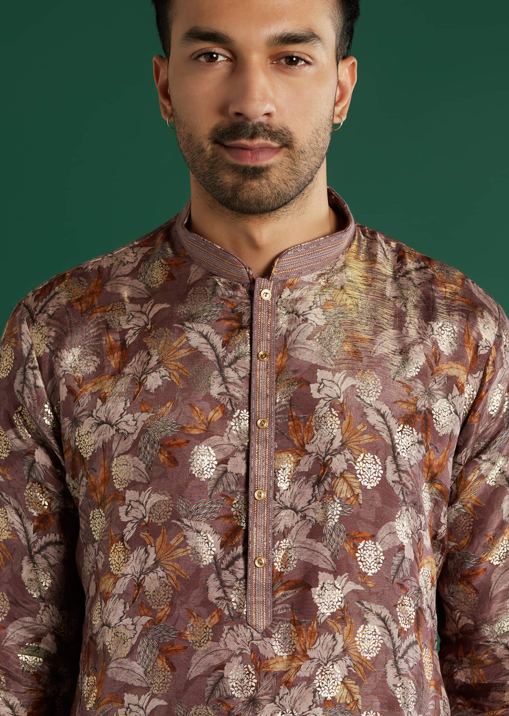 Maroon Silk Kurta Set For Men With Floral Motif Print - Image 2