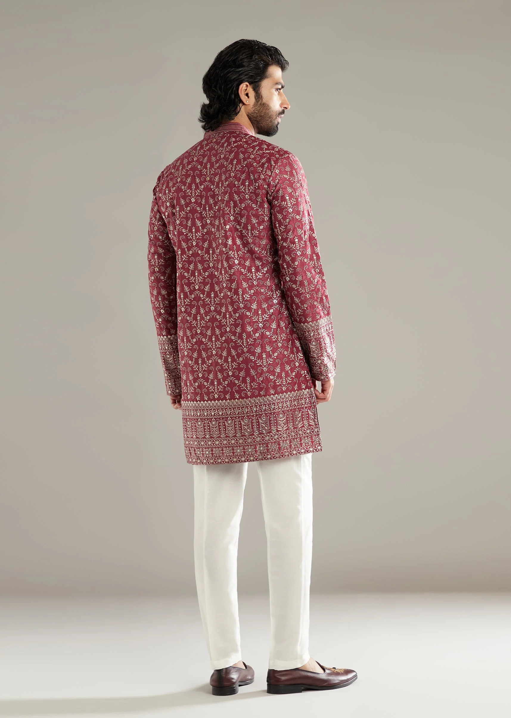 Maroon Silk Kurta Set For Men With Sequins And Resham Embroidery - Image 5