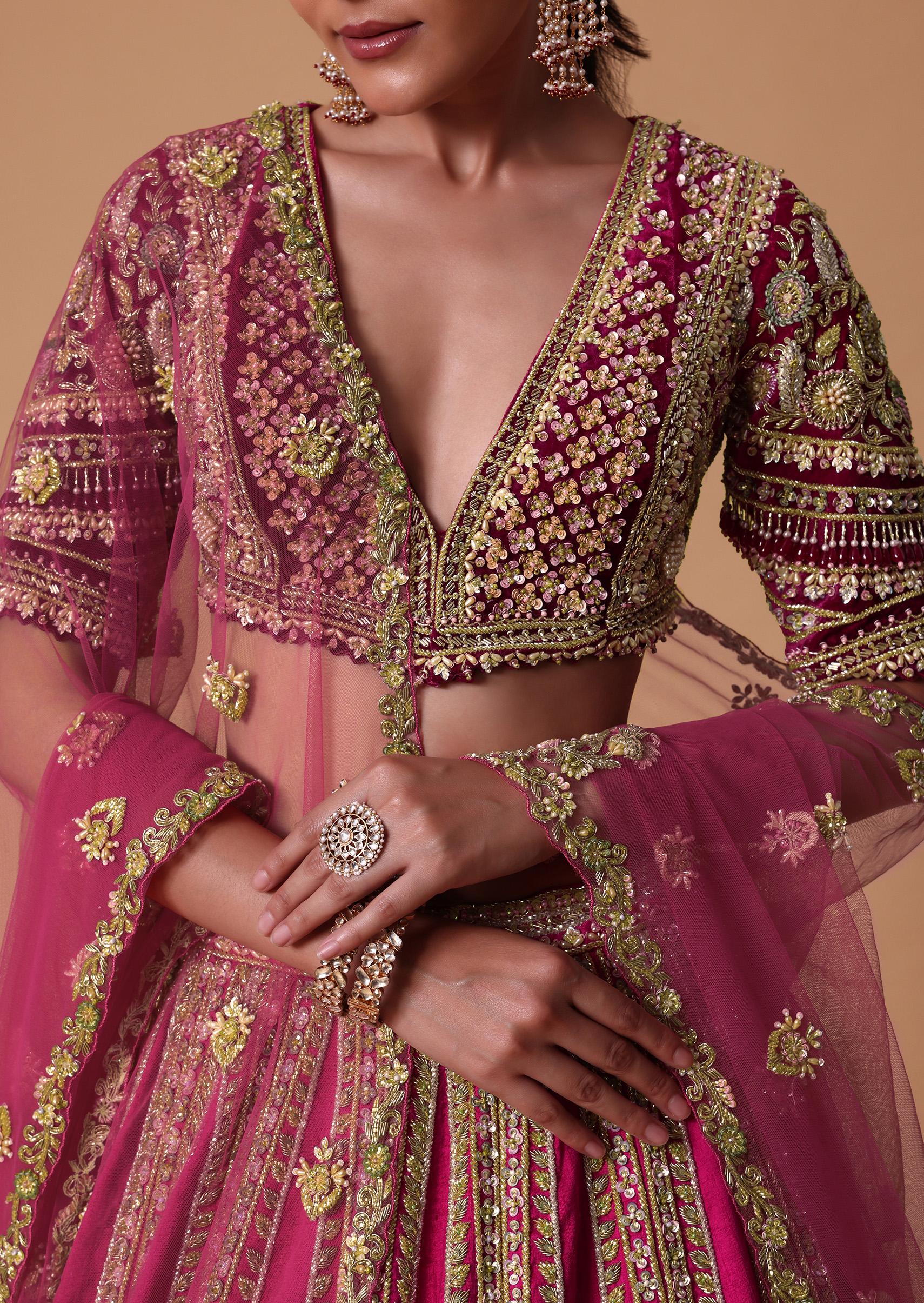 Maroon Silk Velvet 16 Kali Lehenga And Zardosi Blouse Set - Image 6