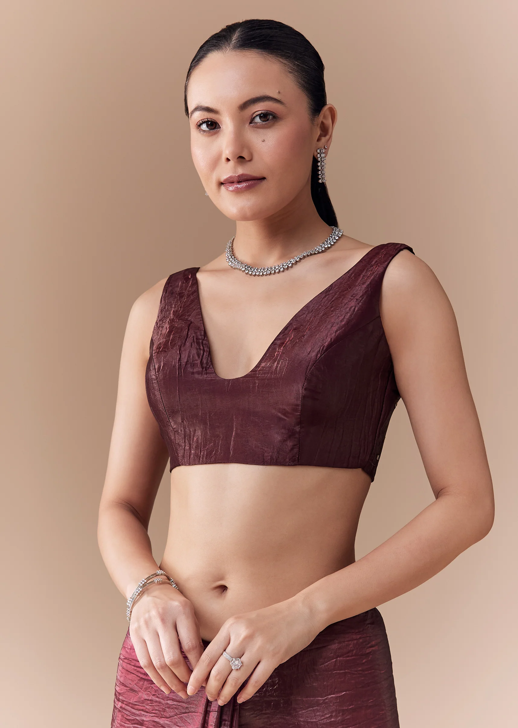 Maroon Tissue Embellished Saree with Blouse Fabric - Image 7