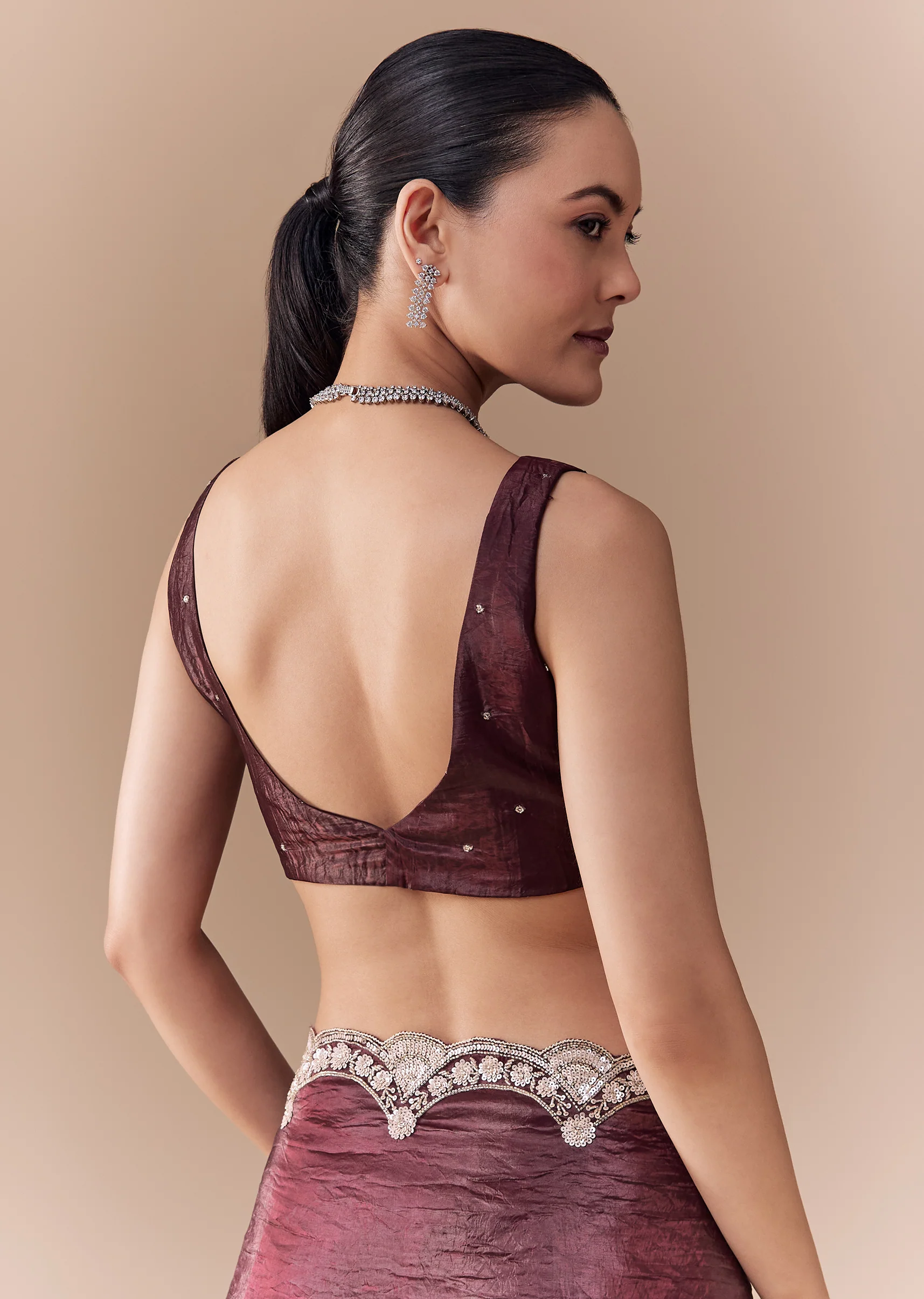 Maroon Tissue Embellished Saree with Blouse Fabric - Image 8
