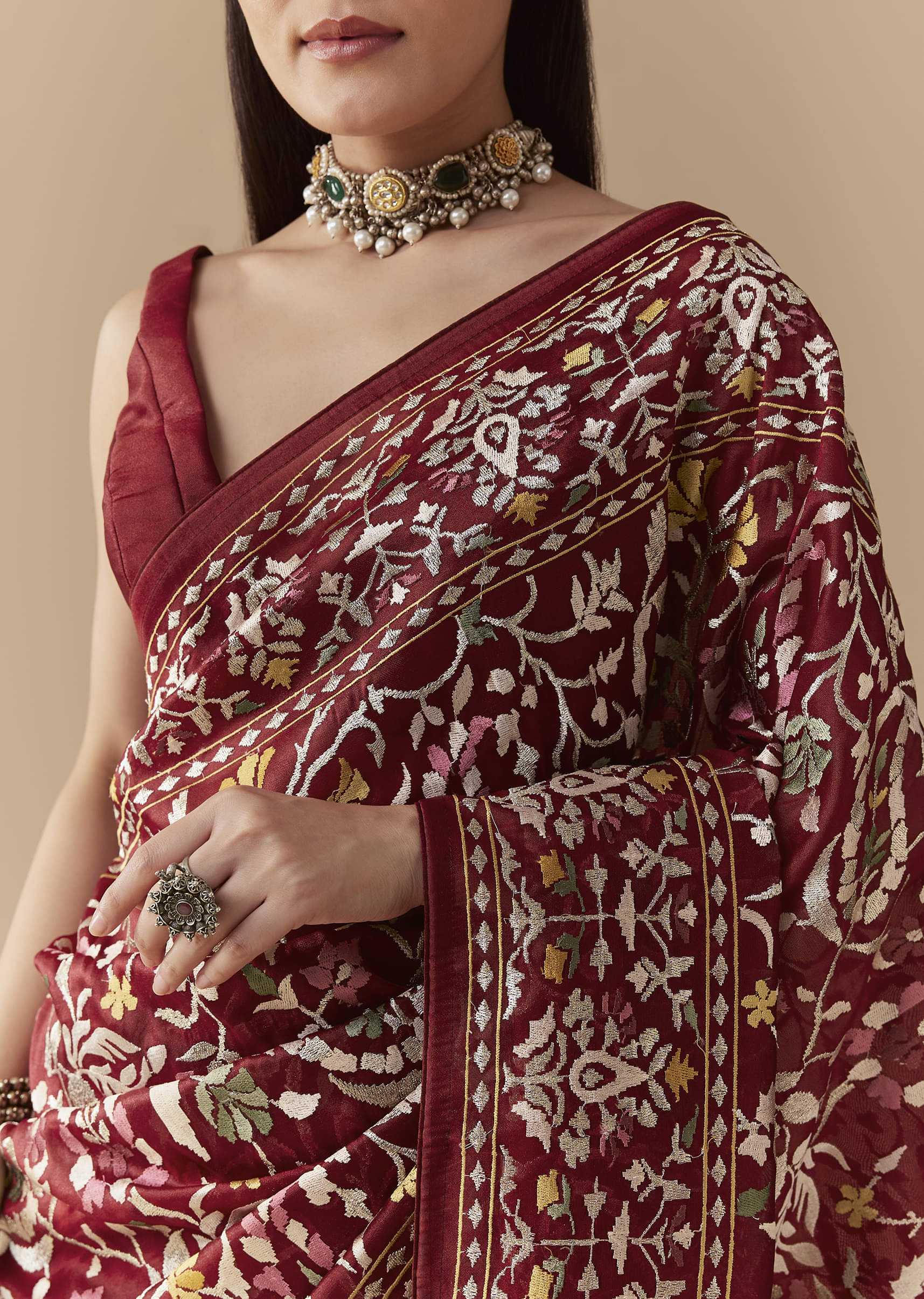 Maroon Tissue Organza Resham Work Saree with Unstitched Blouse - Image 2
