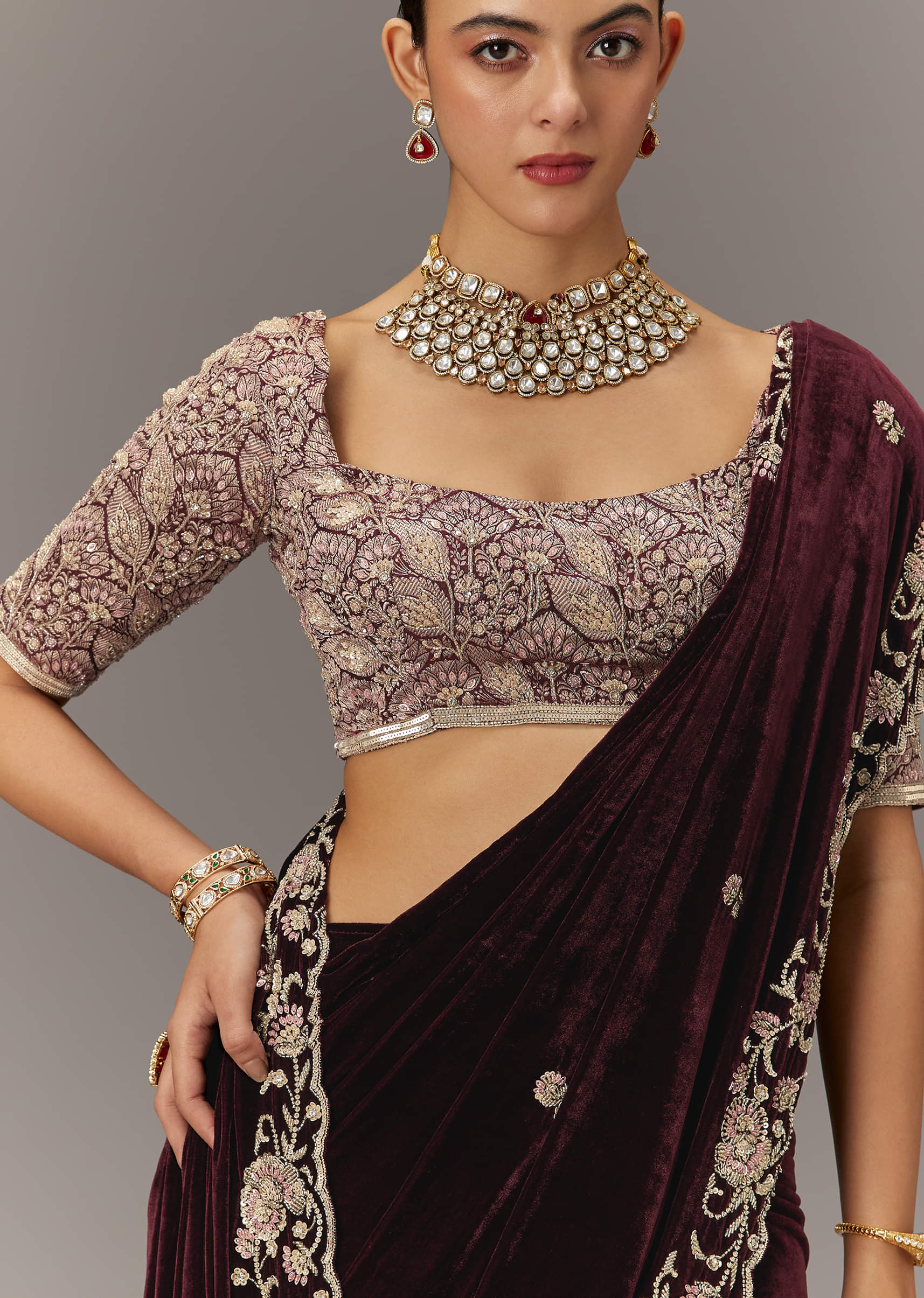 Maroon Velvet Saree With Brocade Embroidered Blouse - Image 3