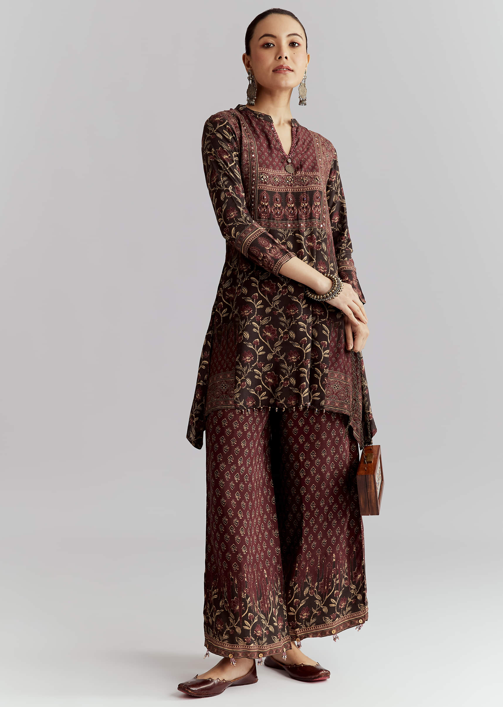 Maroon Viscose Co Ord Set With Floral Print - Image 3