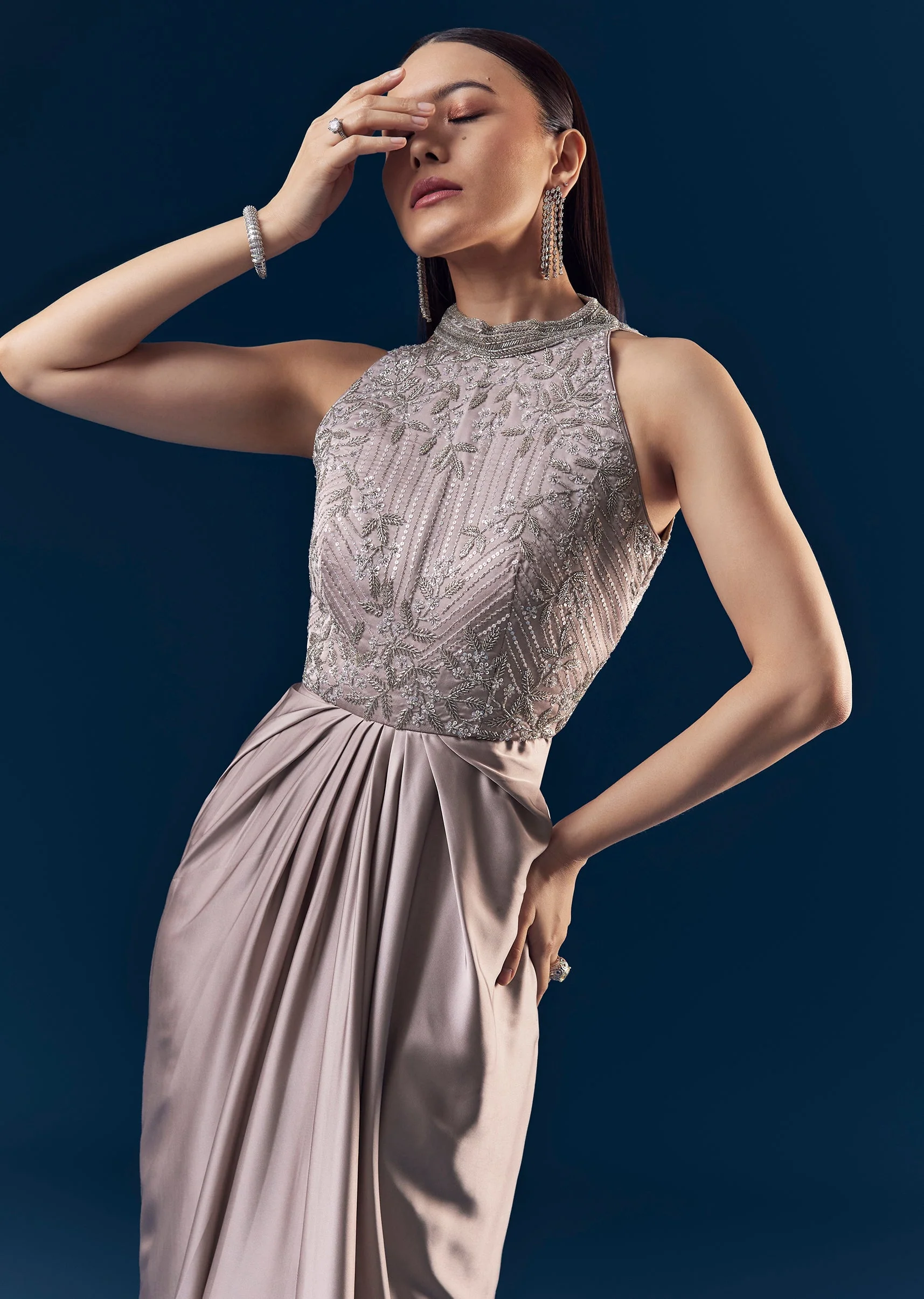 Mauve Bead Embellished Draped Gown - Image 5