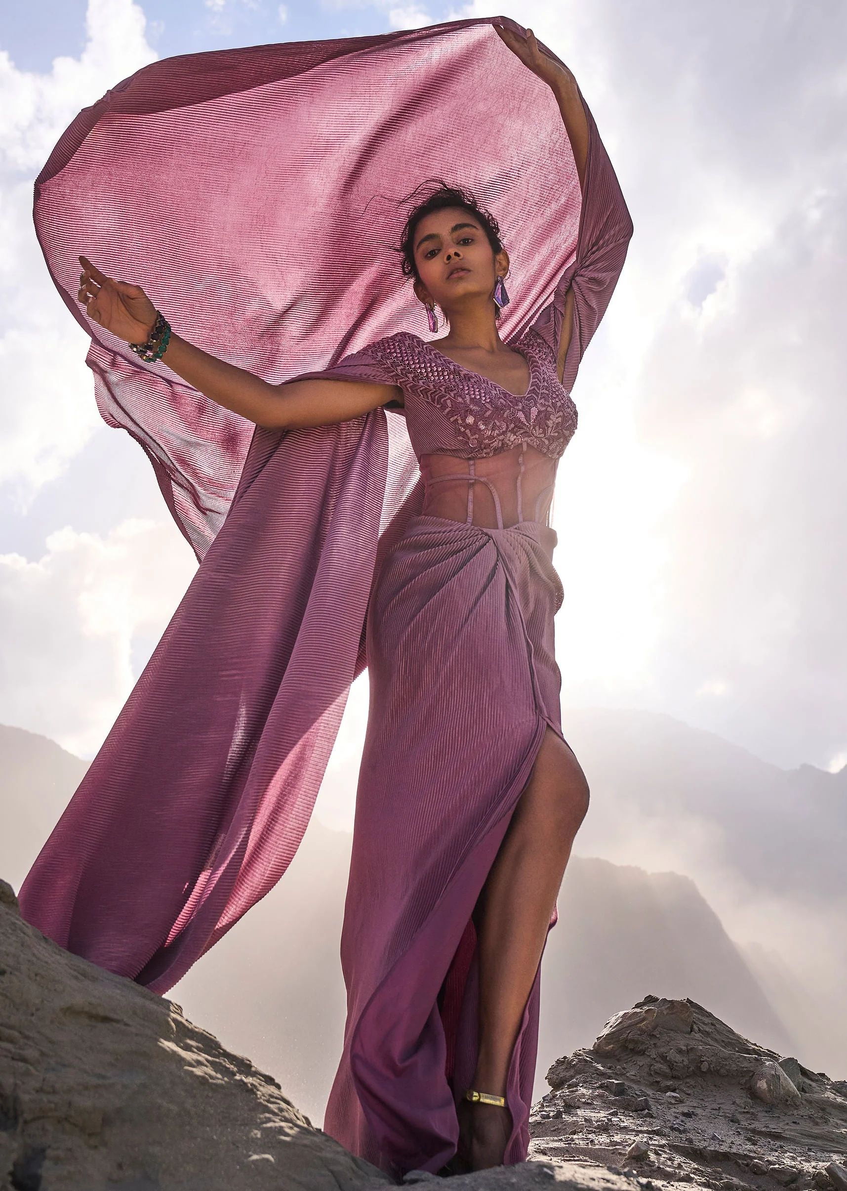 Mauve Embroidered Pre Pleated Drape Gown With Trail On Shoulder