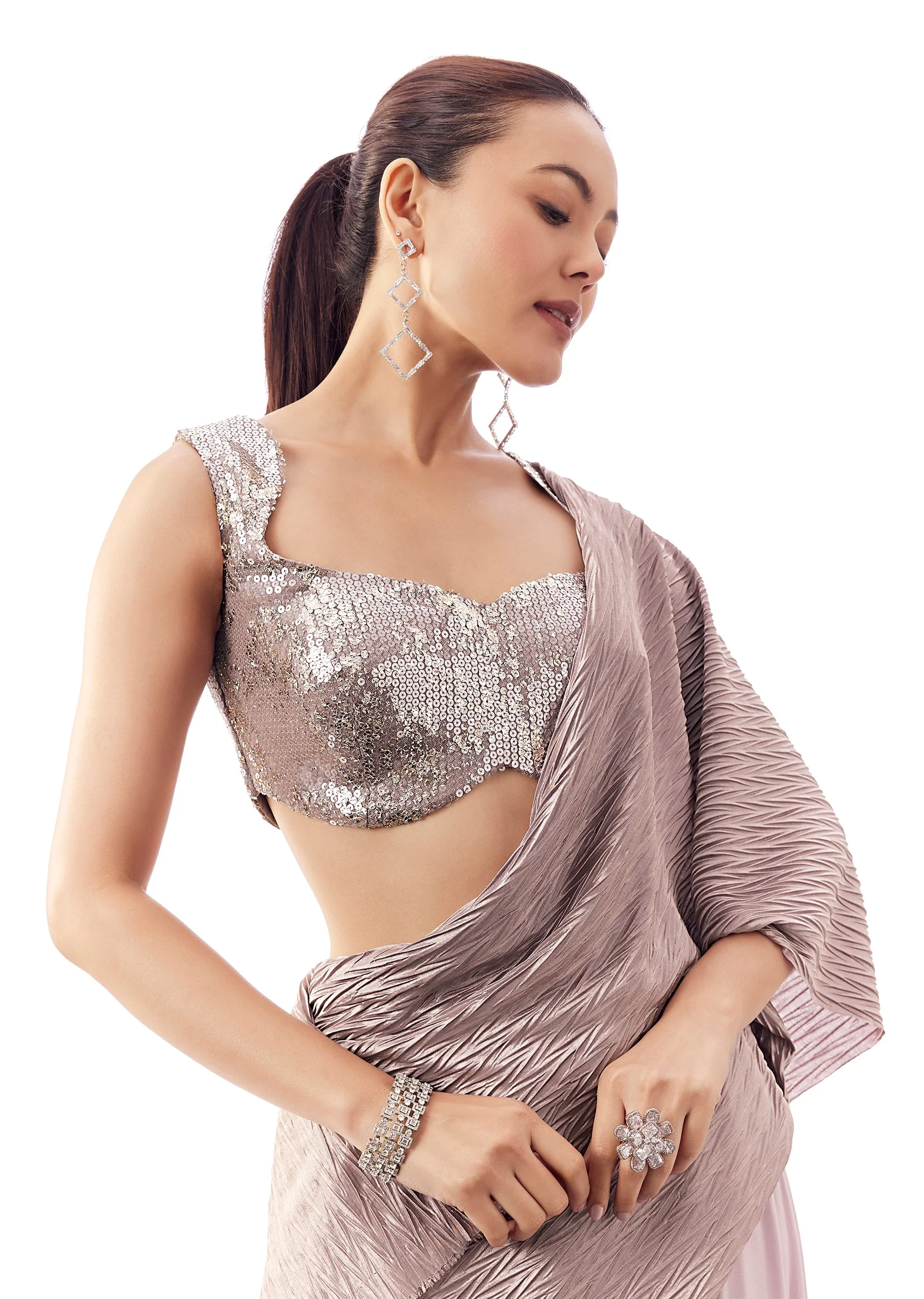 Mauve Fancy Neck Blouse With Broad Shoulder And Back Dori