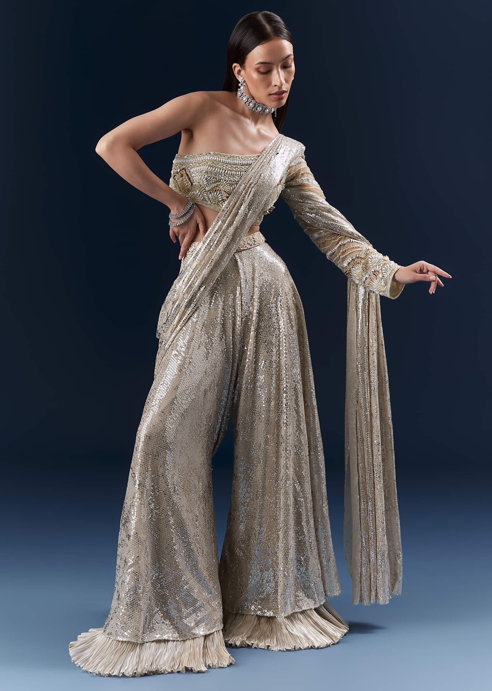 Mauve Imported Sequins Crop Top And Palazzo Pants With Attached Dupatta - Image 7