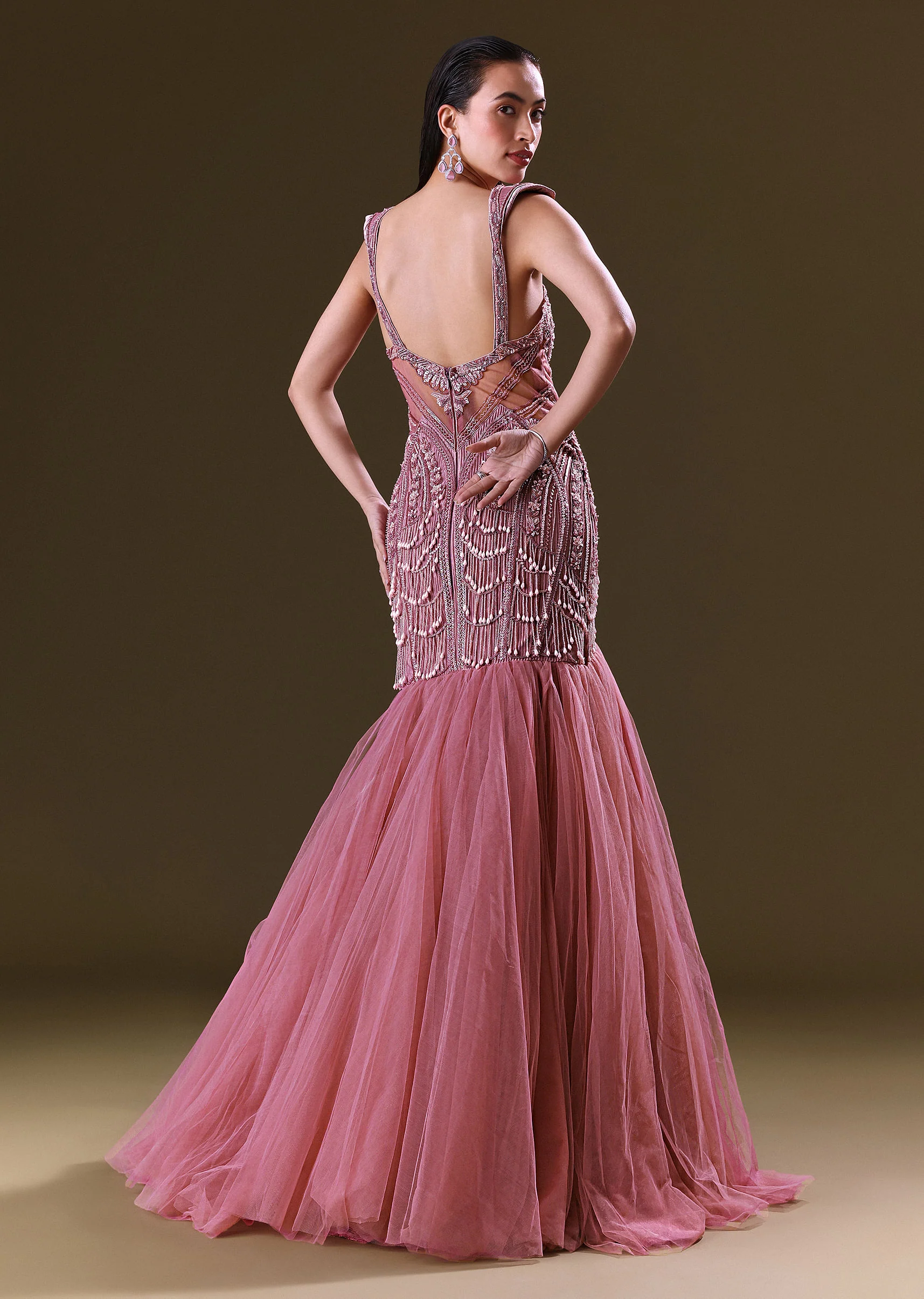 Mauve Mermaid Fit Gown With Tassel Detailing And Gathering At Bottom - Image 5