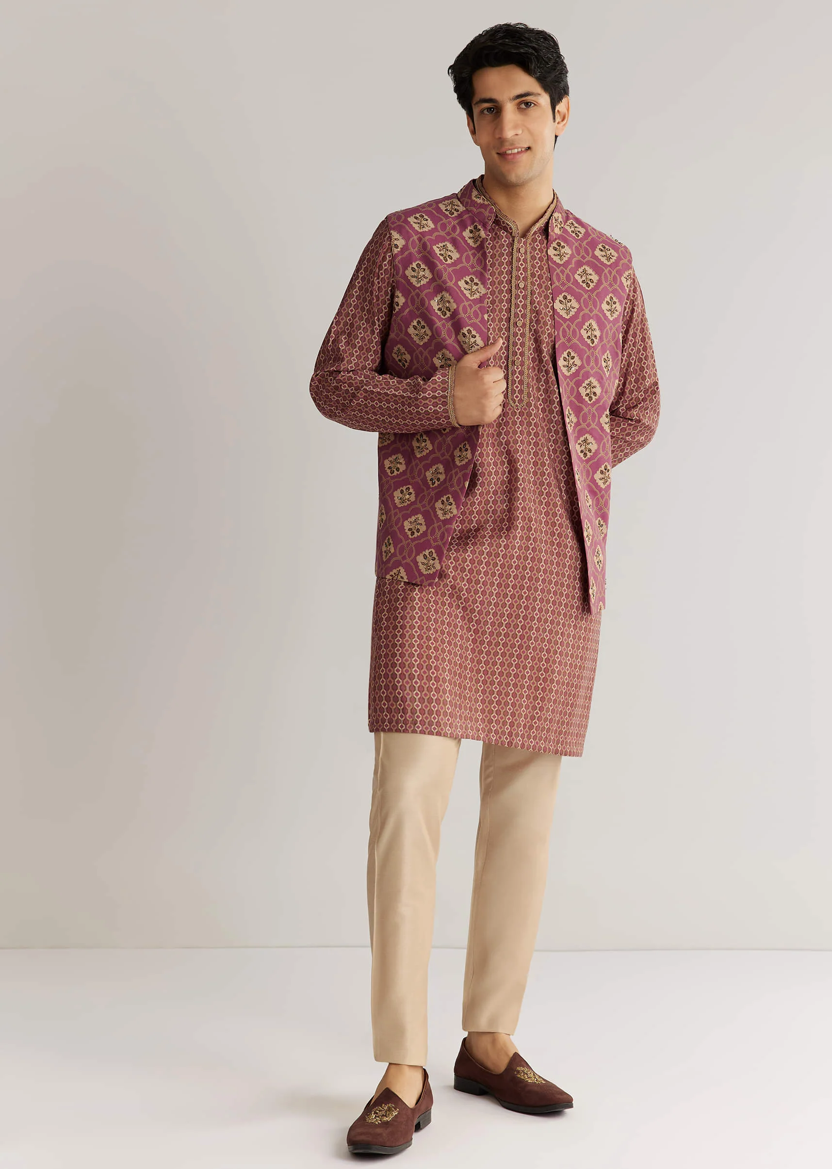 Mauve Modal Chanderi Cutdana Sequins Kurta Jacket Set - Image 2