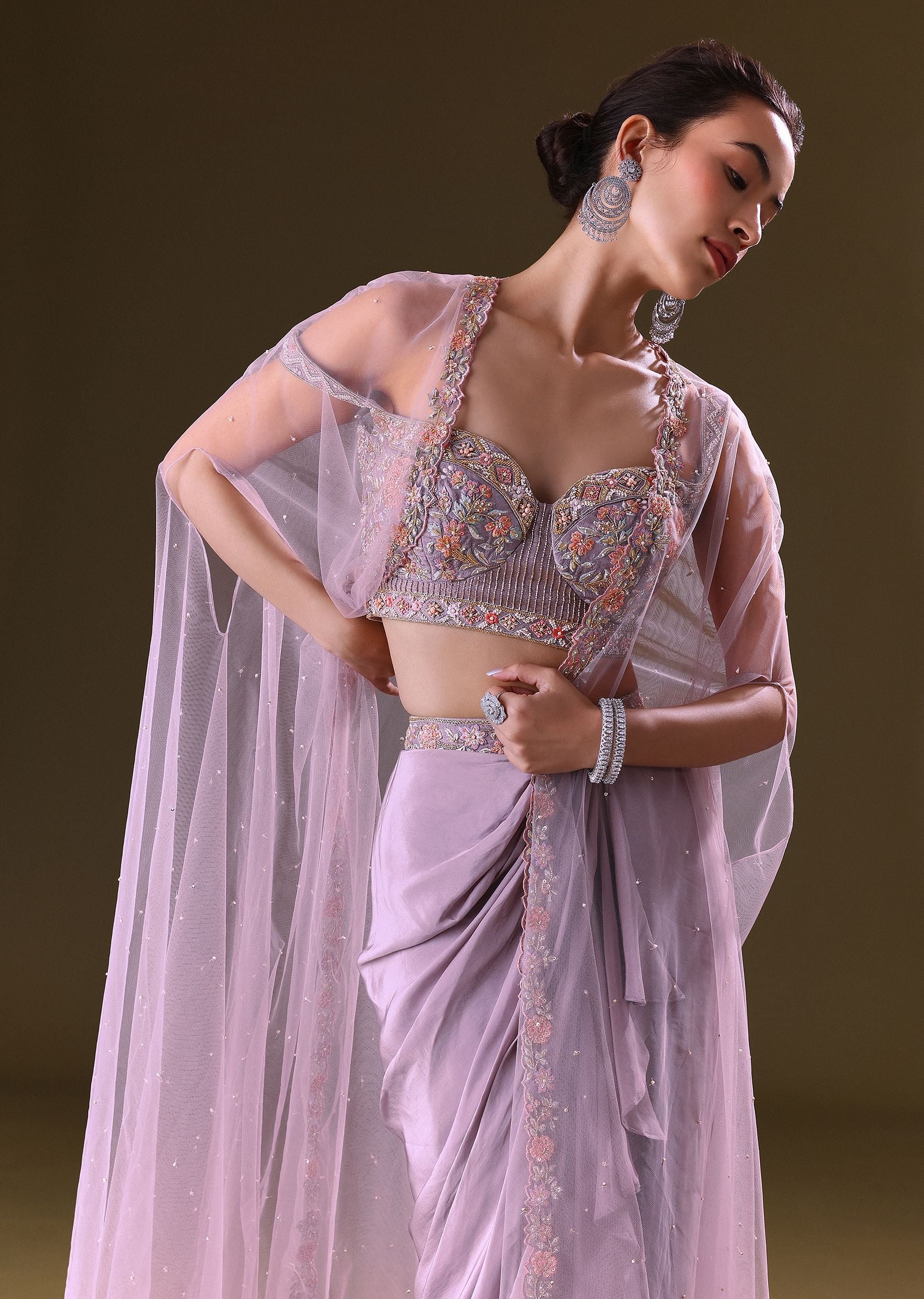 Mauve Ruffled Drape Skirt With Embroidered Blouse And Net Cape - Image 4