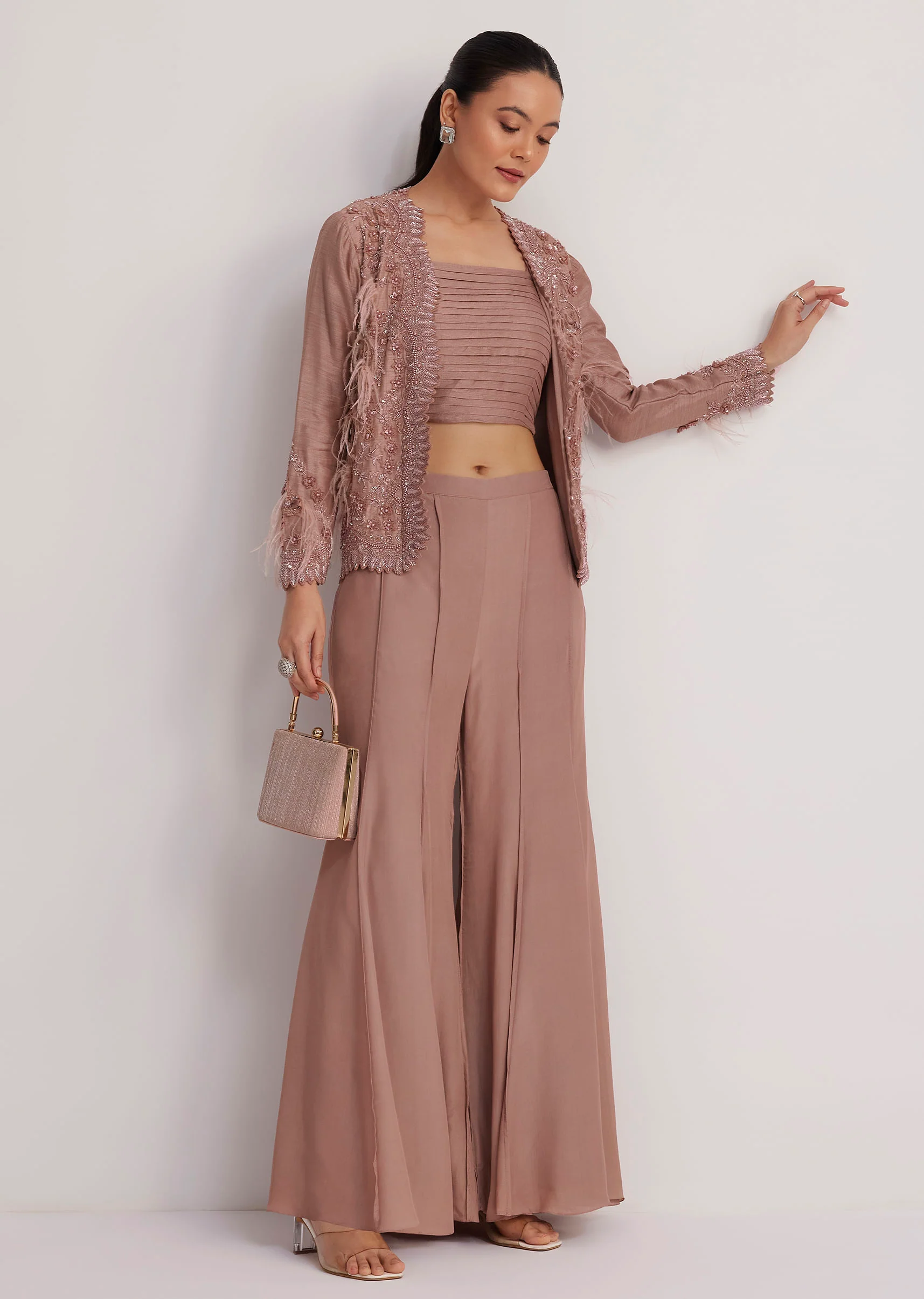 Mauve Satin Palazzo Set With Embellished Jacket - Image 3