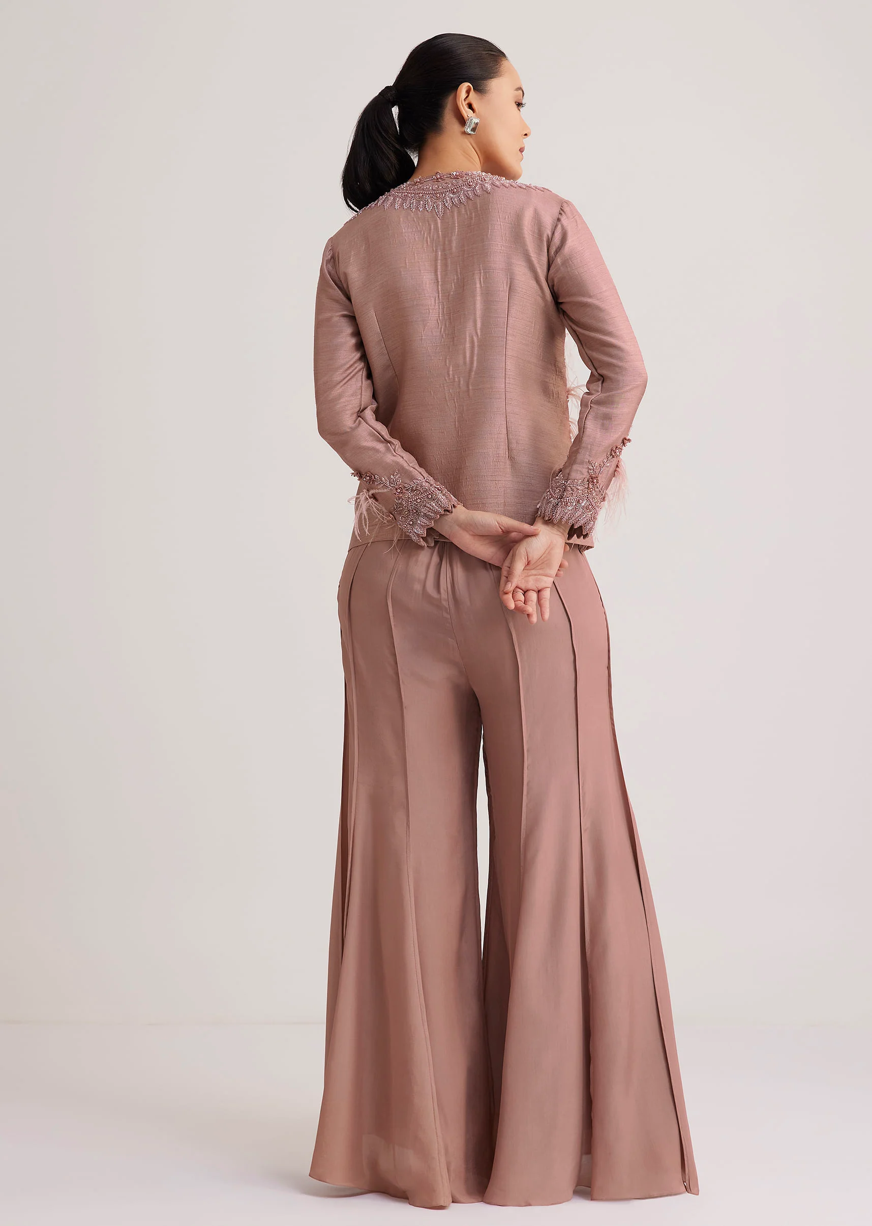Mauve Satin Palazzo Set With Embellished Jacket - Image 5