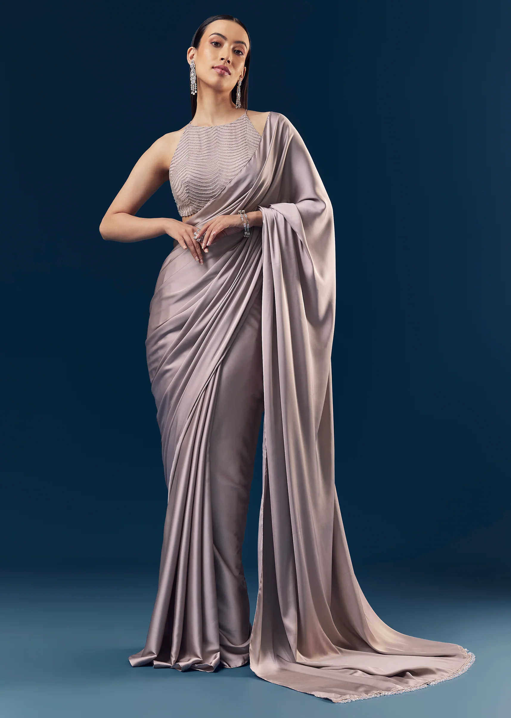 Mauve Satin Plain Saree With Cut Dana Embellished Halter Neck Blouse