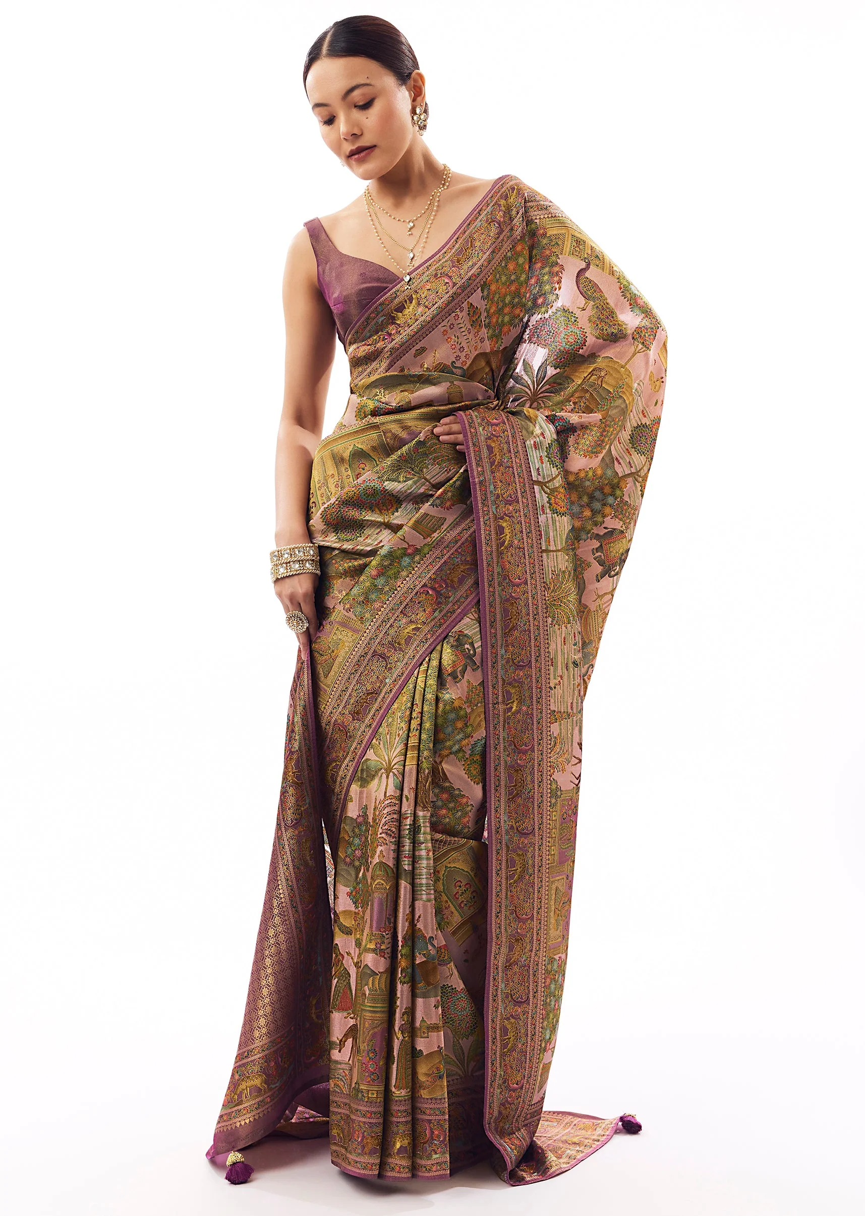 Mauve Satin Silk Printed Saree - Image 3