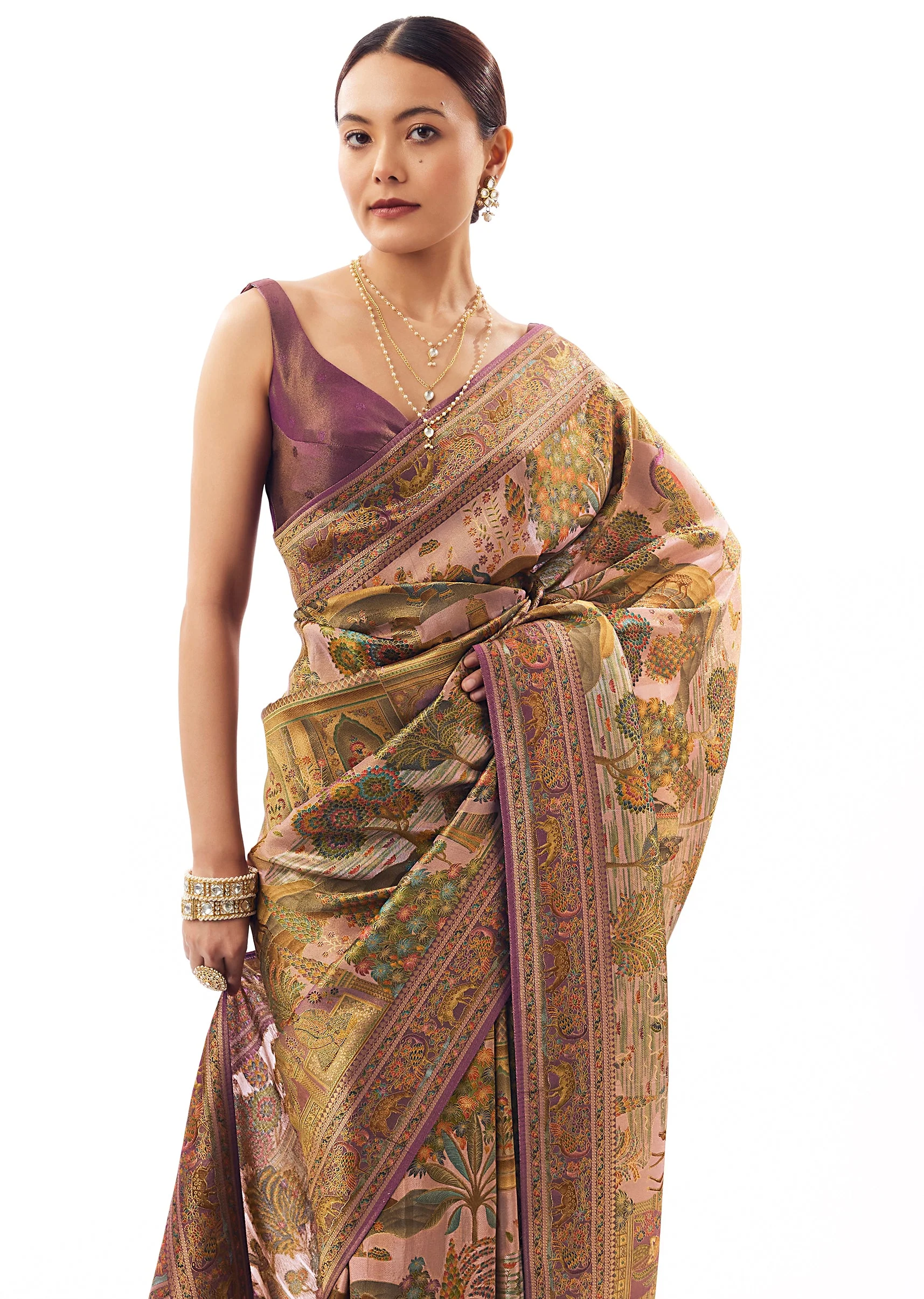 Mauve Satin Silk Printed Saree - Image 5