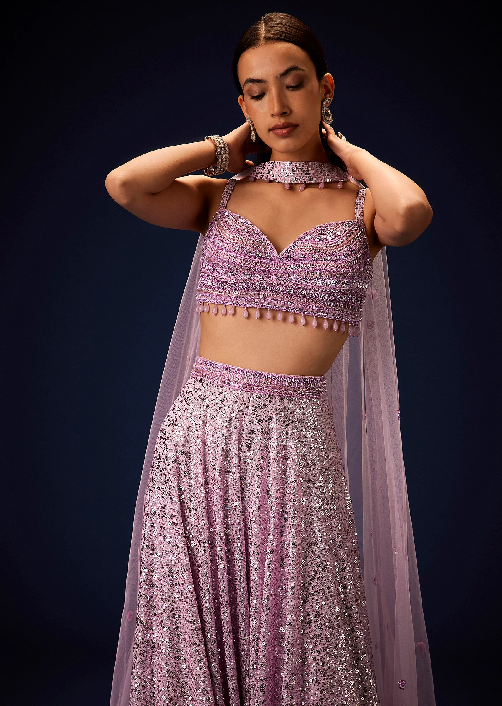 Mauve Sequence Double Layer Skirt Dupatta Set With Hand Embroidered Blouse - Image 2