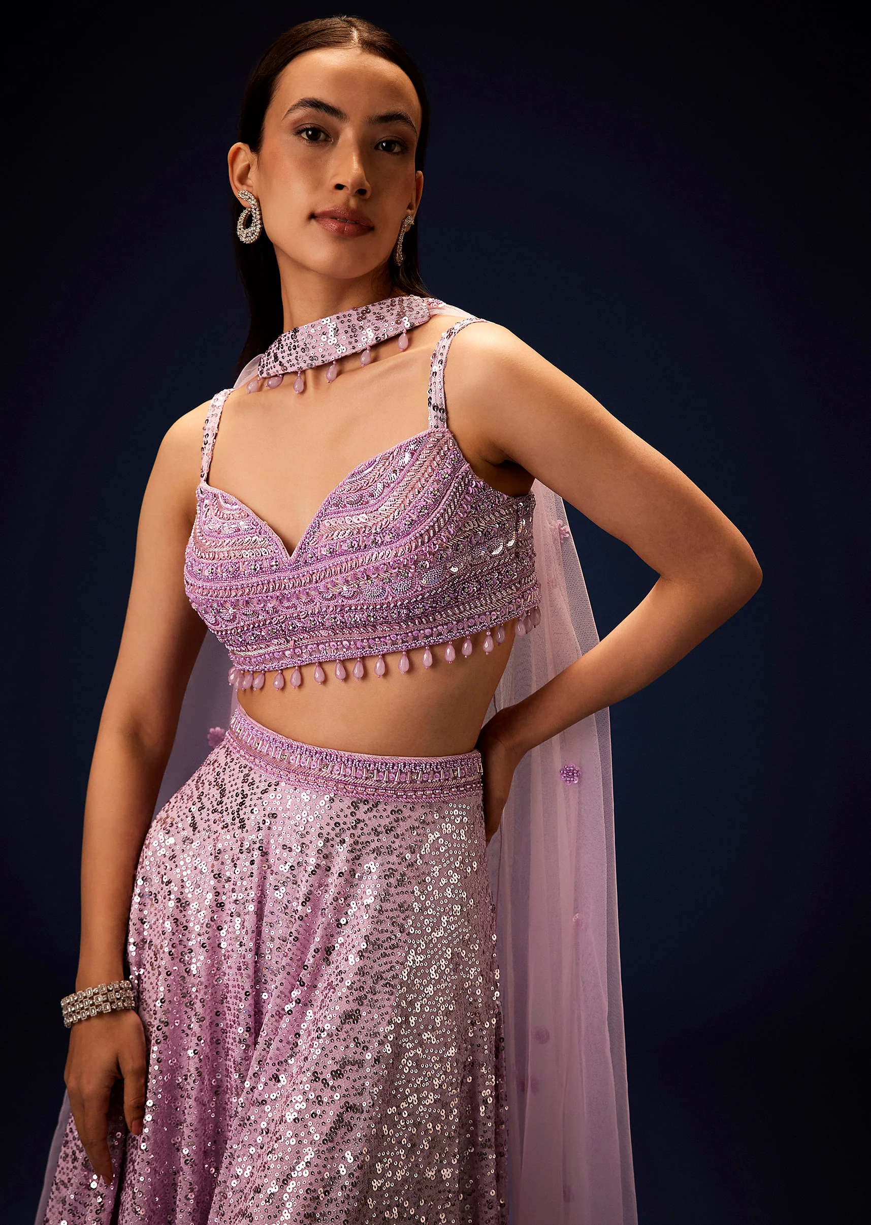 Mauve Sequence Double Layer Skirt Dupatta Set With Hand Embroidered Blouse - Image 4