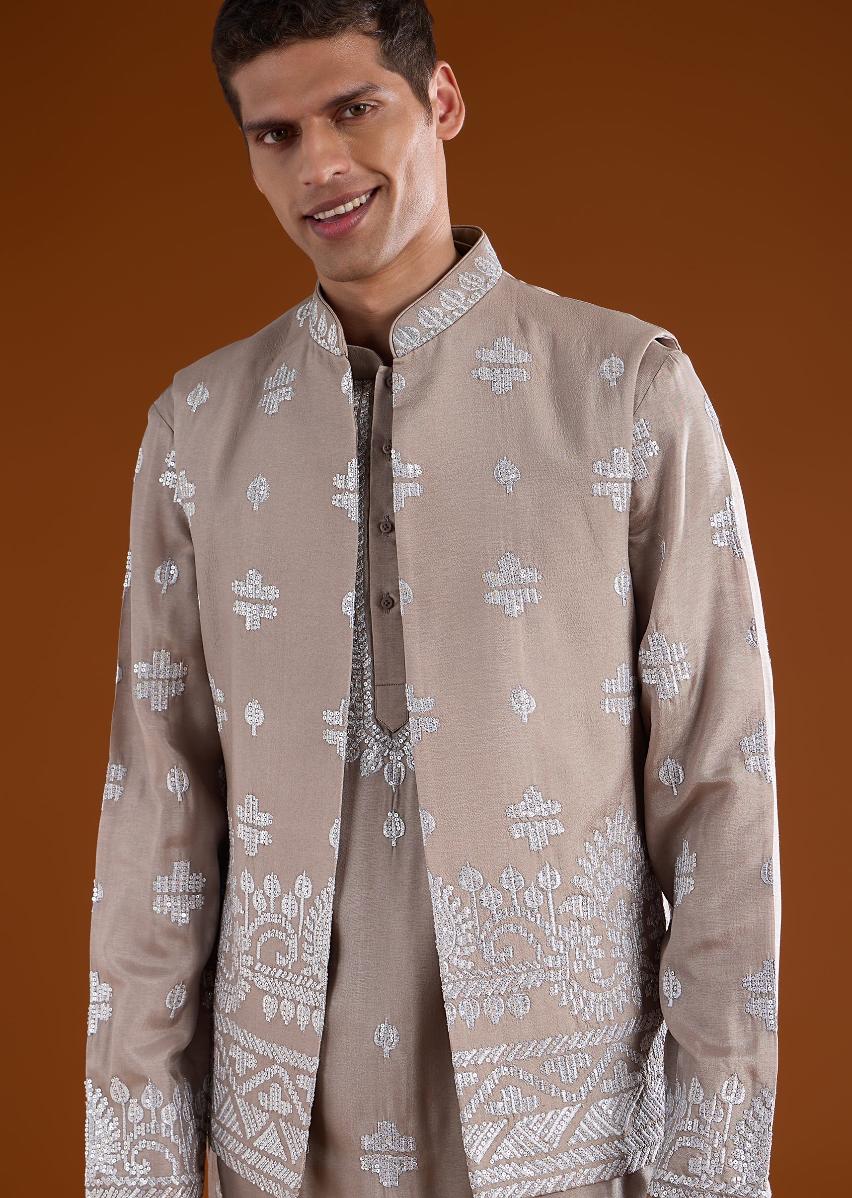Mauve Silk Embroidered Kurta Jacket Set - Image 2