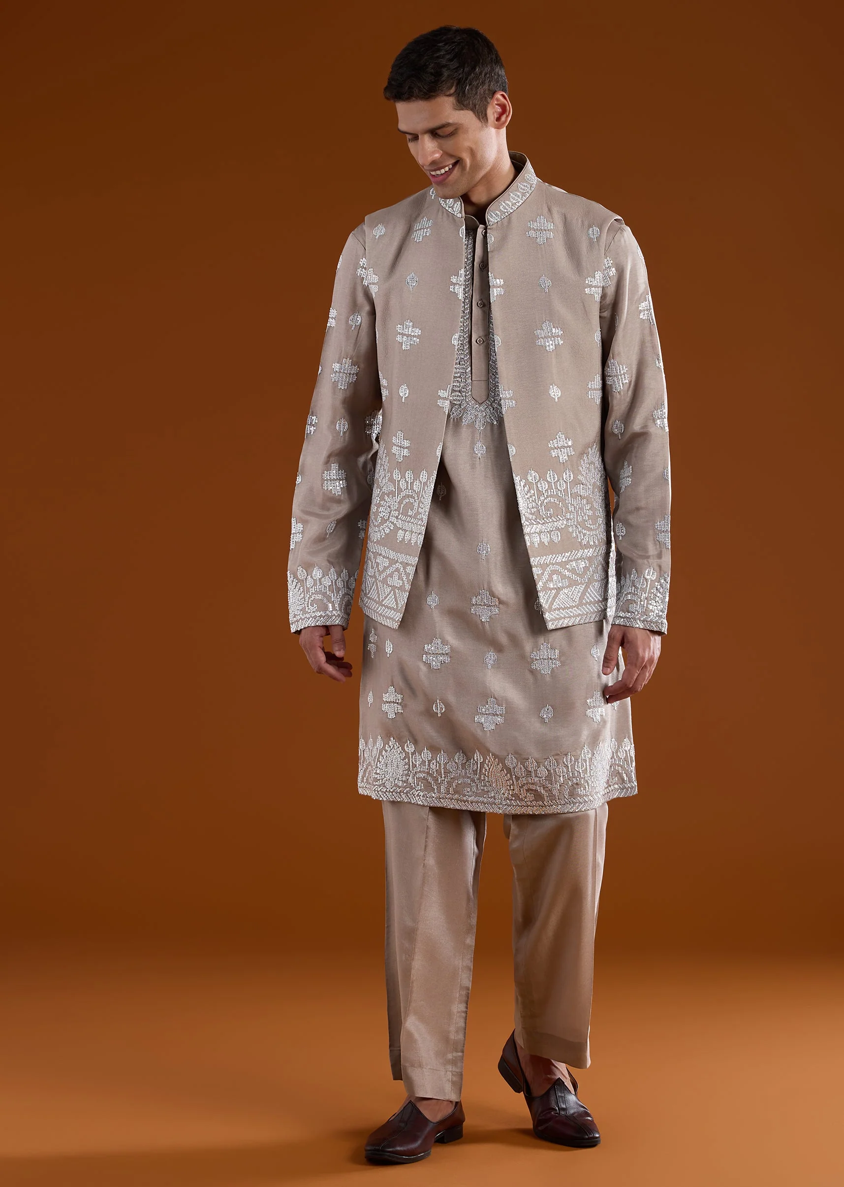 Mauve Silk Embroidered Kurta Jacket Set - Image 3