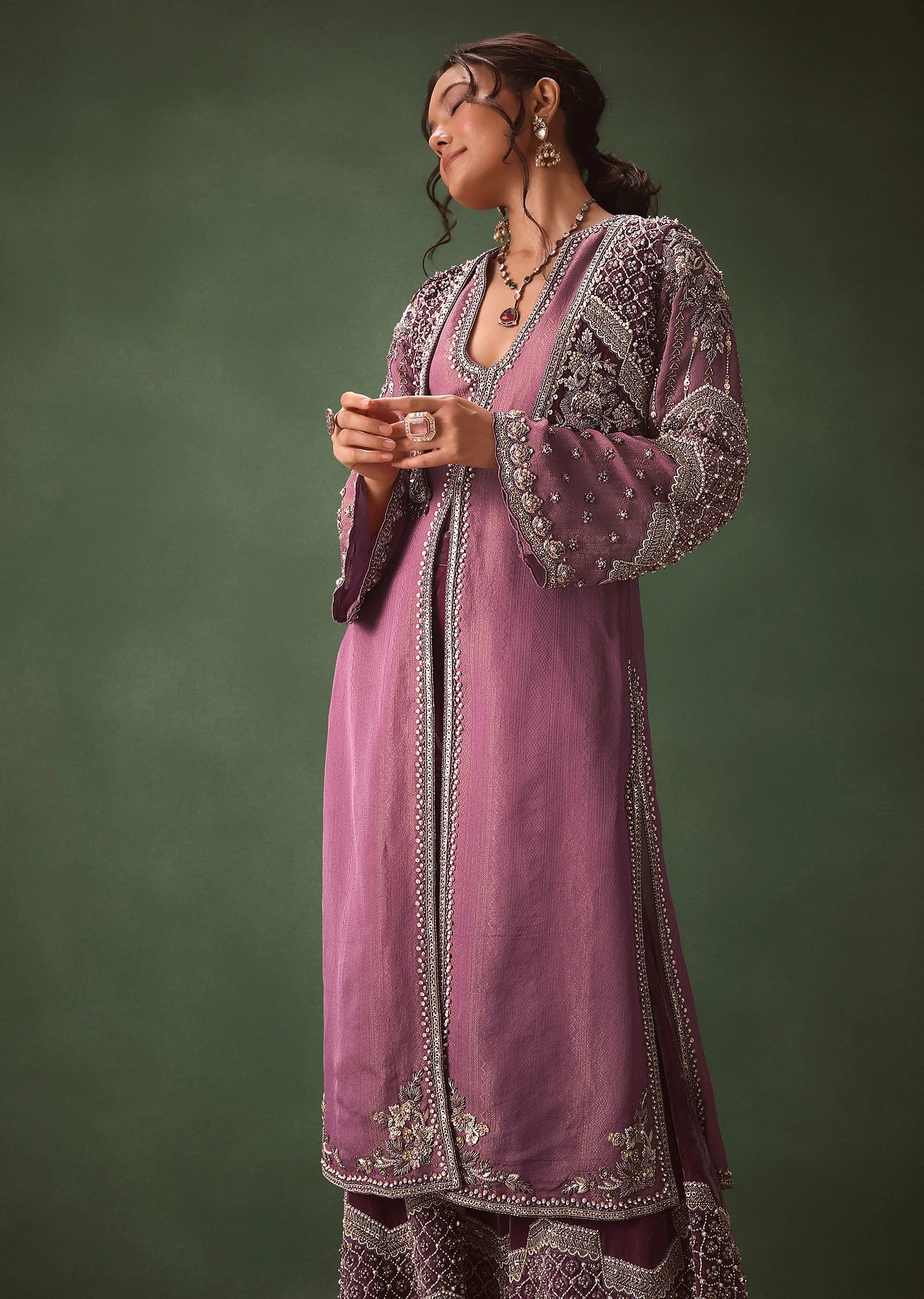 Mauve Straight Kurta With Embroidered Jacket And Bell Bottom Pants - Image 5