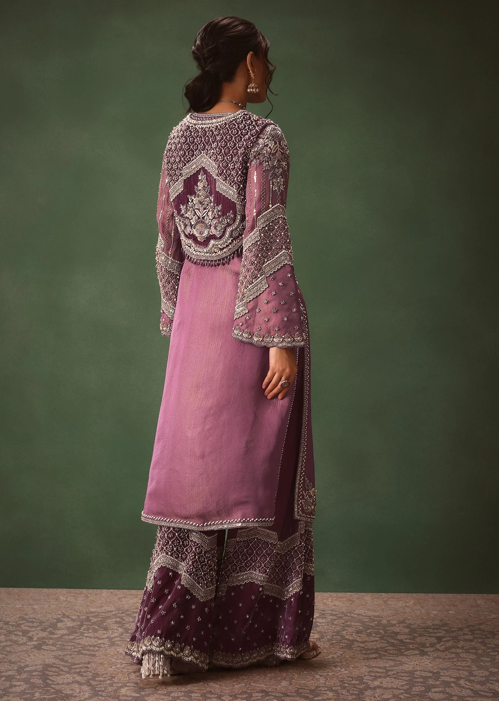 Mauve Straight Kurta With Embroidered Jacket And Bell Bottom Pants - Image 6