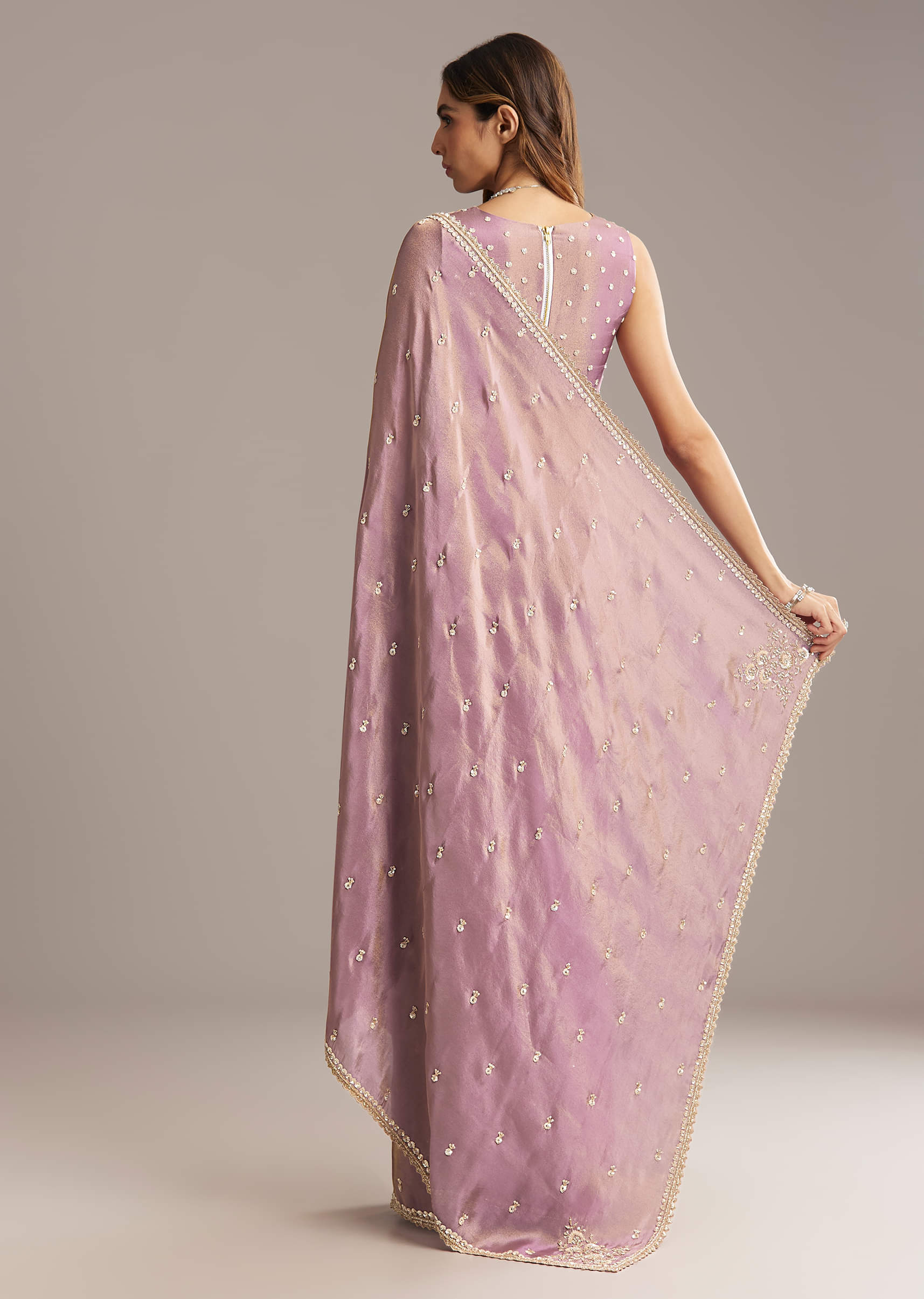 Mauve Tissue Saree With Cutdana And Bead Embroidery - Image 2