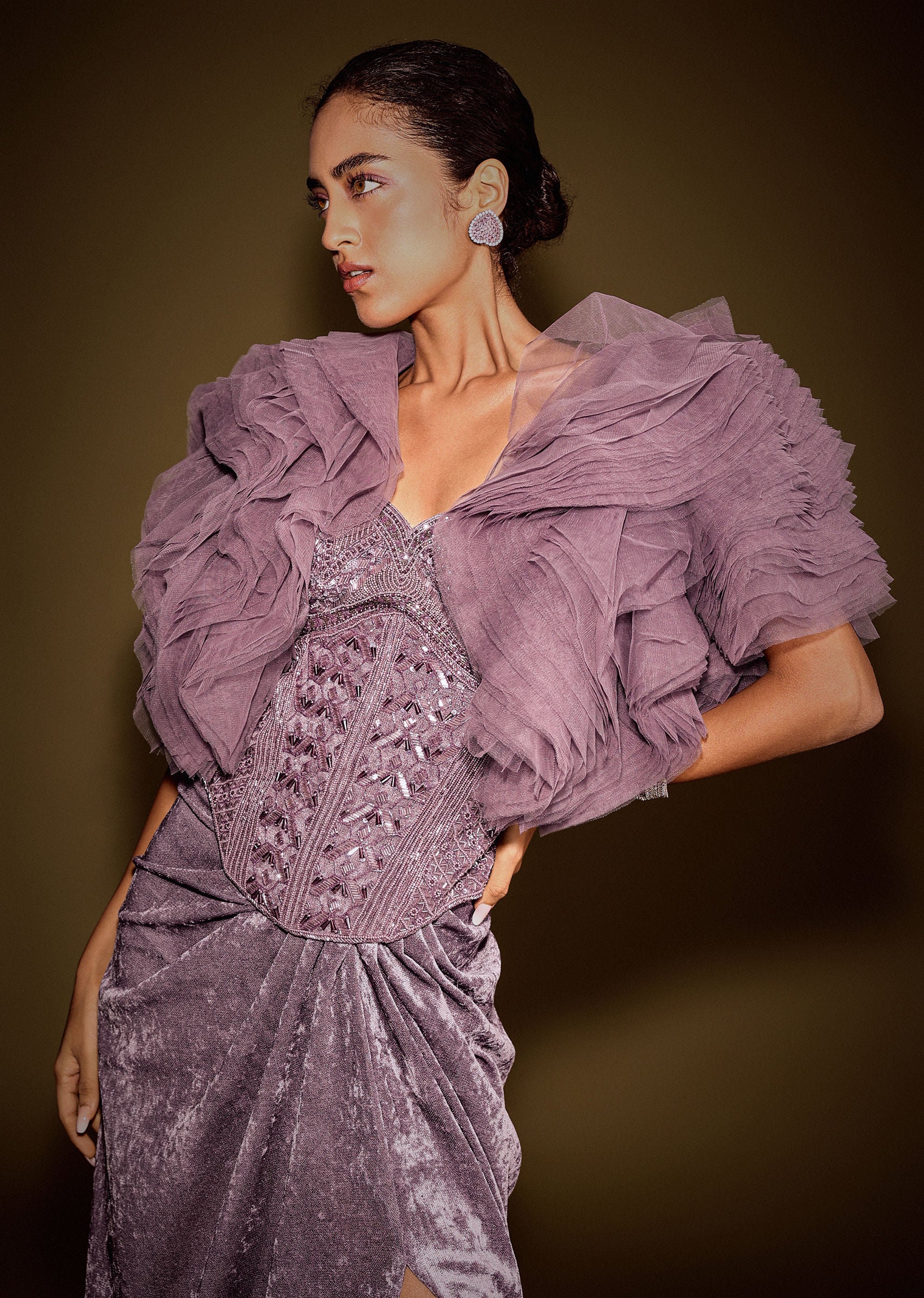 Mauve Velvet Embroidered Corset Set With Drape Skirt And Ruffled Jacket - Image 2