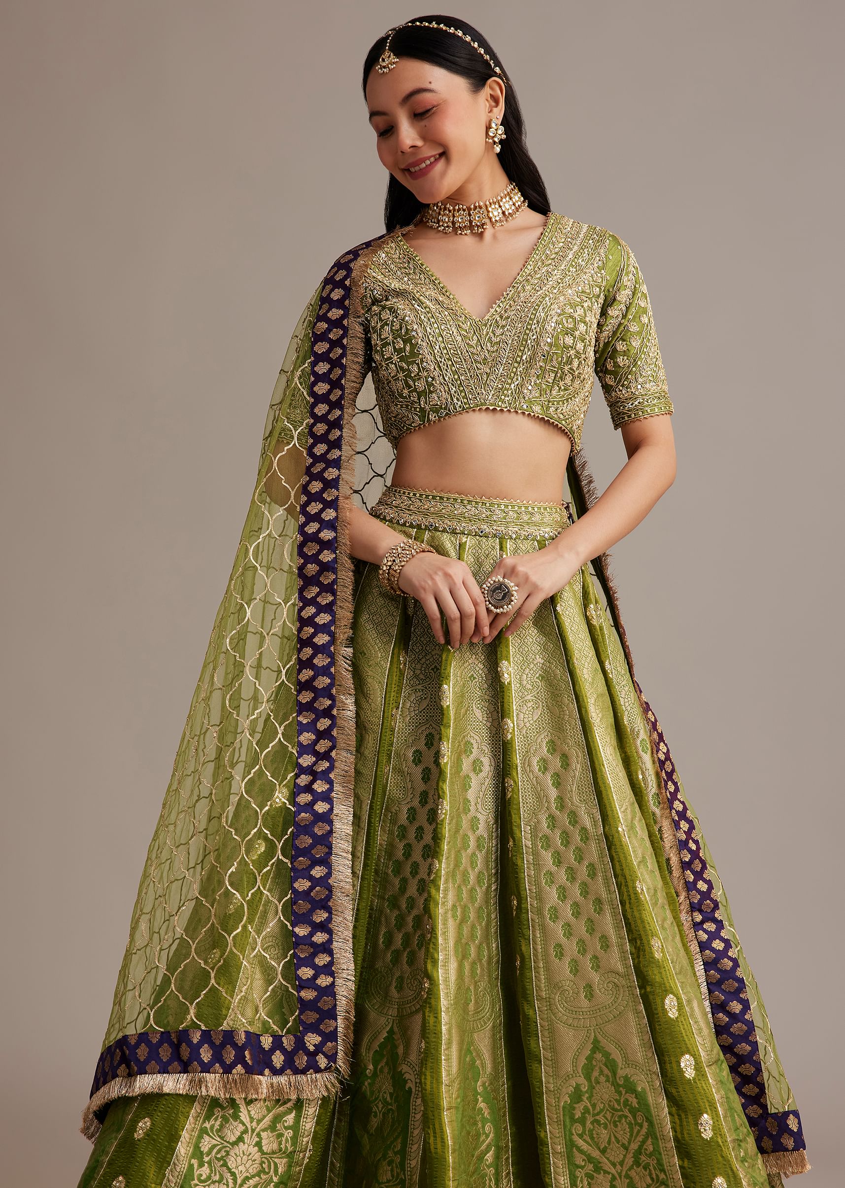 Mehendi Green Banarasi Silk Lehenga Set With Zardosi Work - Image 4