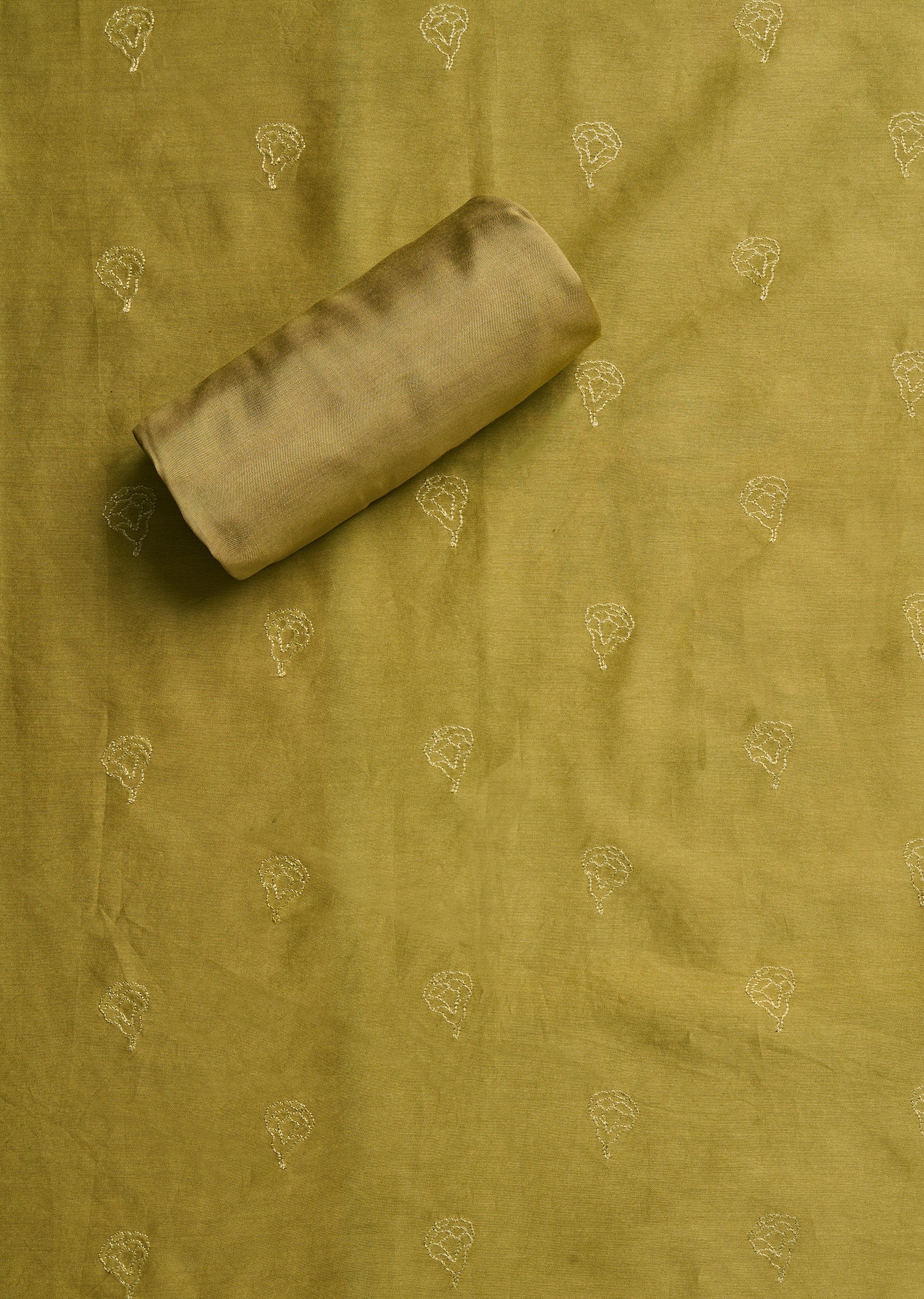Mehendi Green Chanderi Embroidered Unstitched Suit Set - Image 3