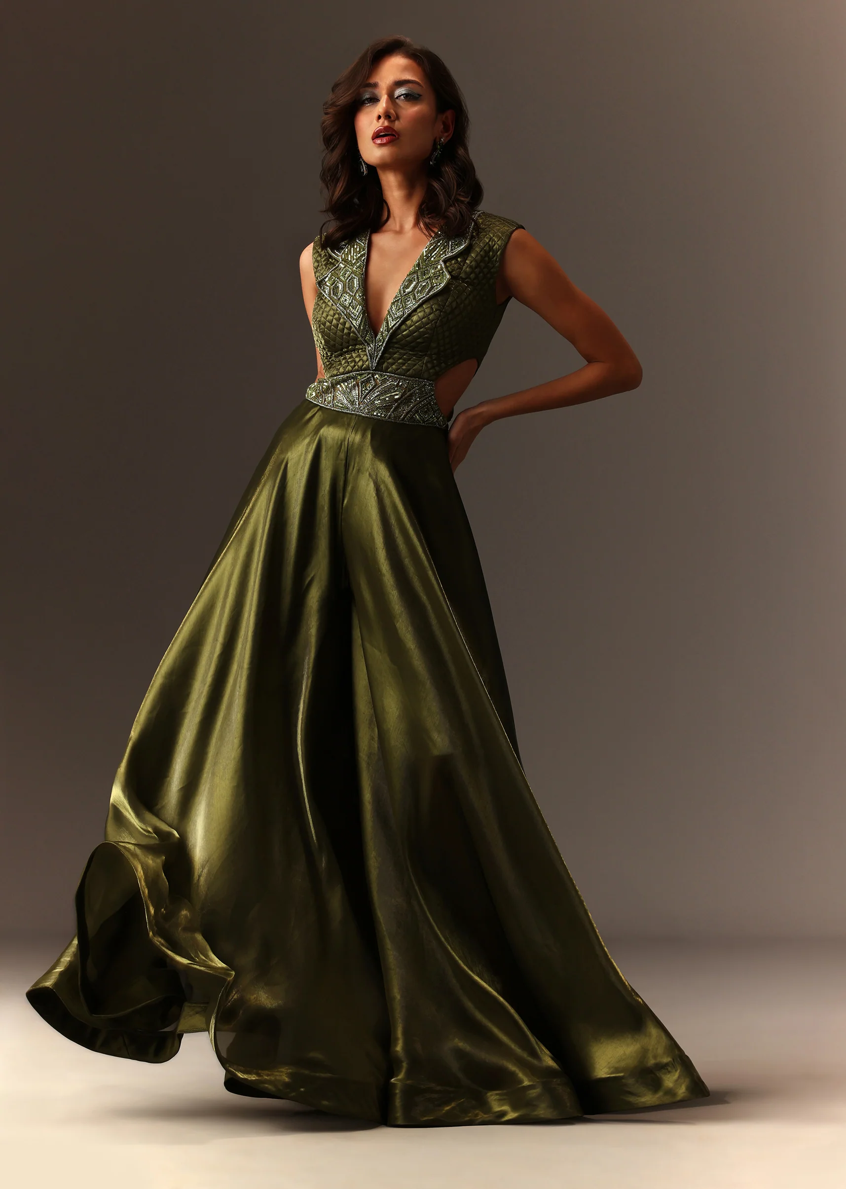 Mehendi Green Contemporary Duo – Embroidered Jumpsuit For Her And Muslin Jacket Kurta Set For Him - Image 3