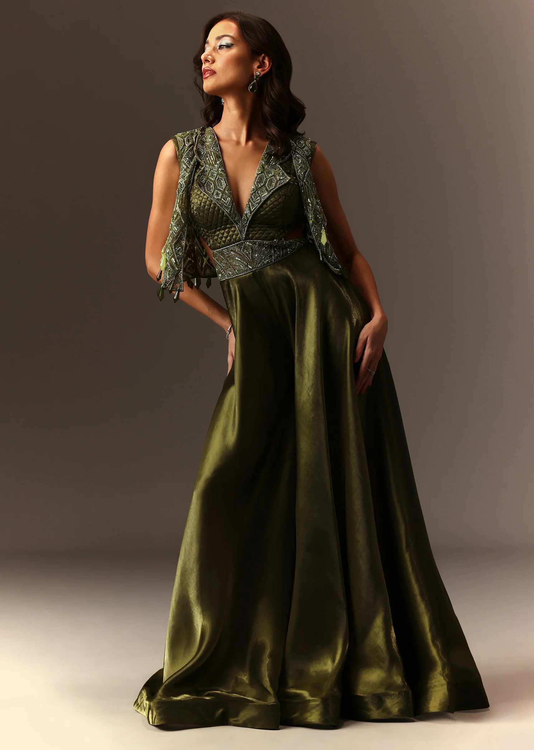 Mehendi Green Contemporary Duo – Embroidered Jumpsuit For Her And Muslin Jacket Kurta Set For Him - Image 5
