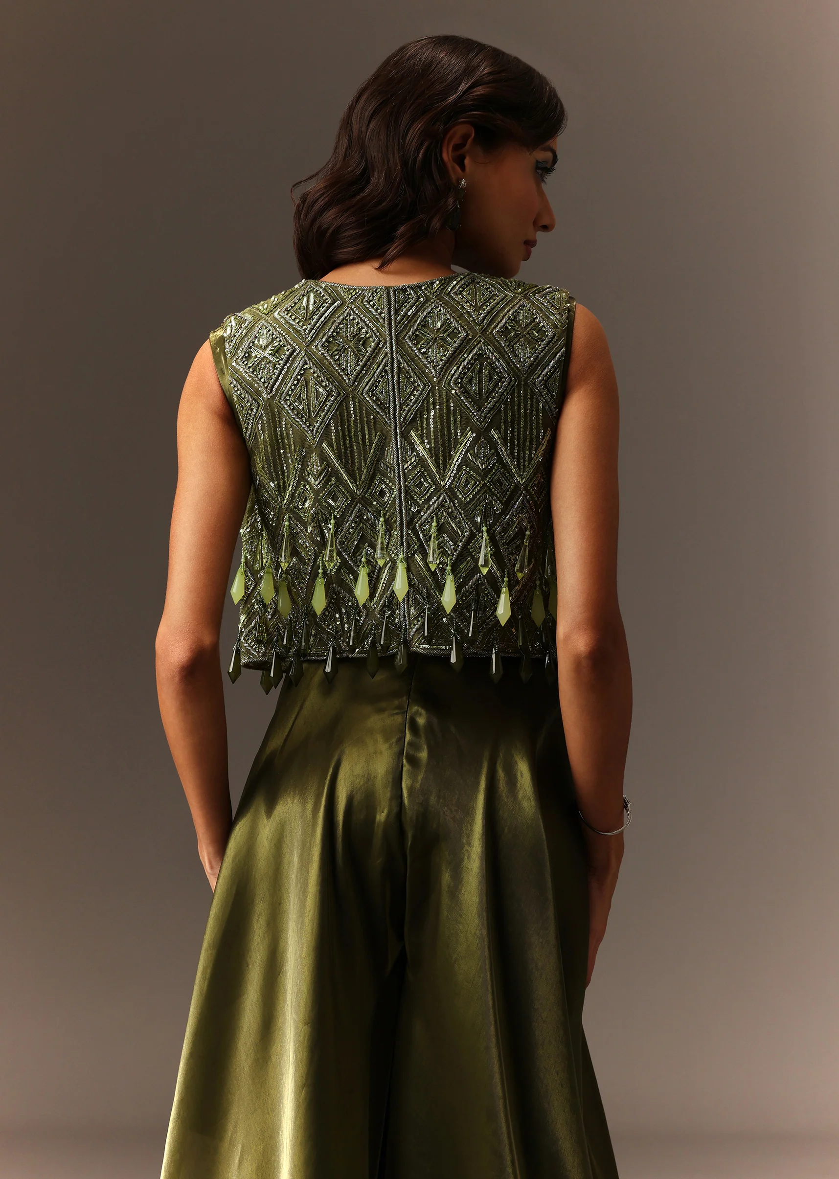 Mehendi Green Contemporary Duo – Embroidered Jumpsuit For Her And Muslin Jacket Kurta Set For Him - Image 7