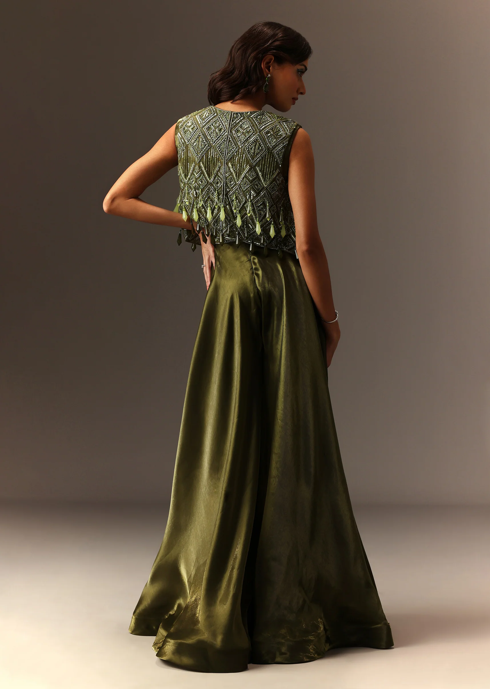 Mehendi Green Contemporary Duo – Embroidered Jumpsuit For Her And Muslin Jacket Kurta Set For Him - Image 8