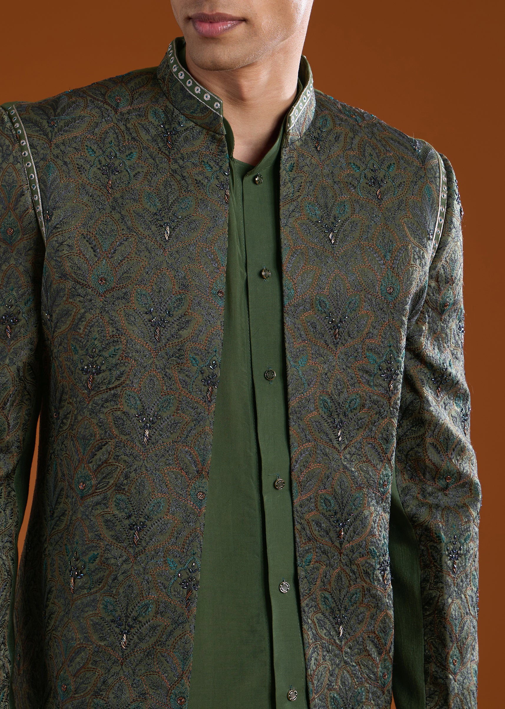 Mehendi Green Contemporary Duo – Embroidered Jumpsuit For Her And Muslin Jacket Kurta Set For Him - Image 9