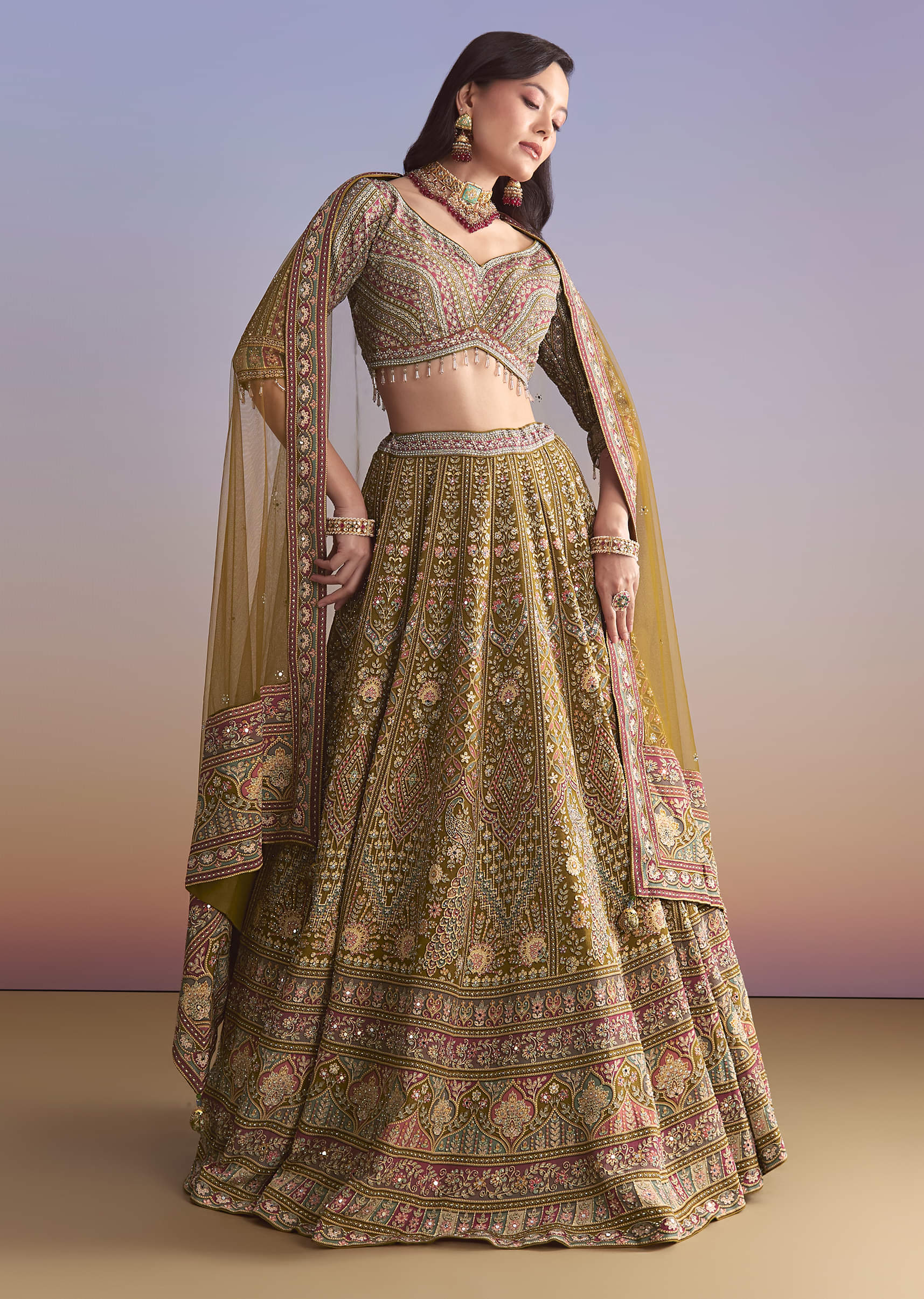 Mehendi Green Crepe Printed Bridesmaid Lehenga With Mirror And Sequin Work - Image 4