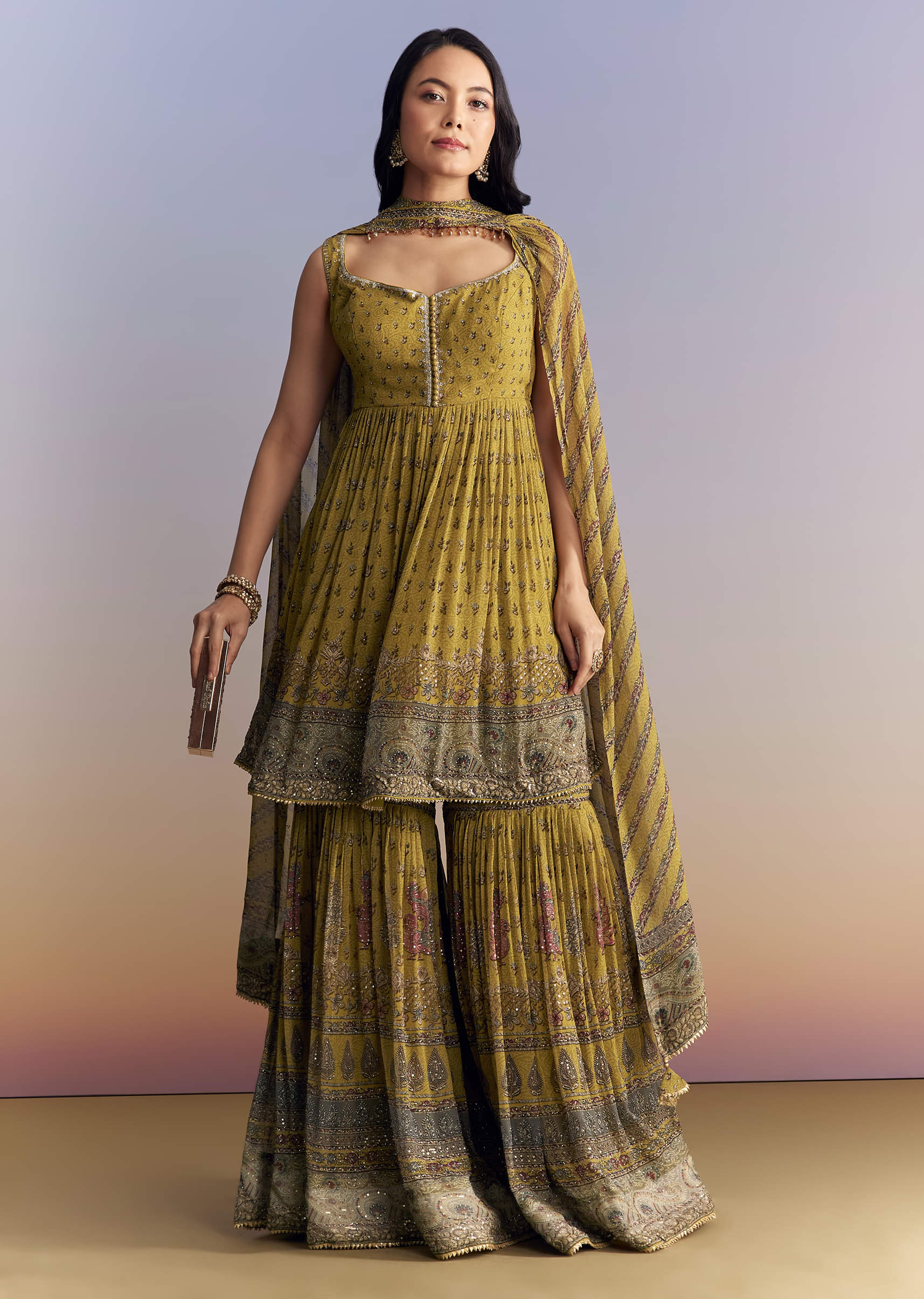 Mehendi Green Crepe Sharara Suit With Indie Print And Stone Work - Image 3