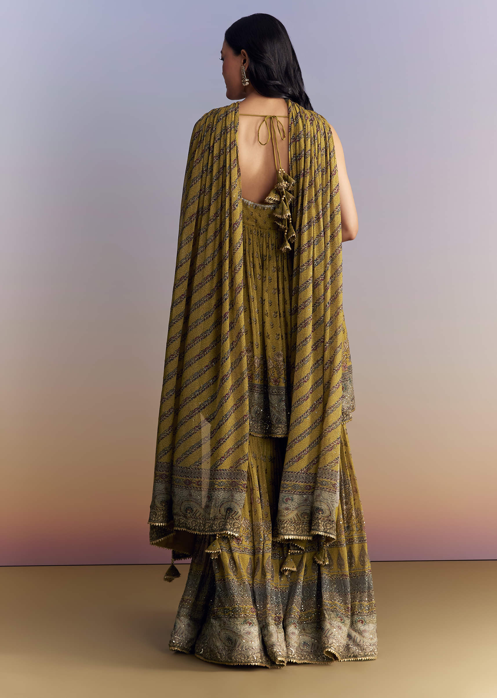 Mehendi Green Crepe Sharara Suit With Indie Print And Stone Work - Image 5