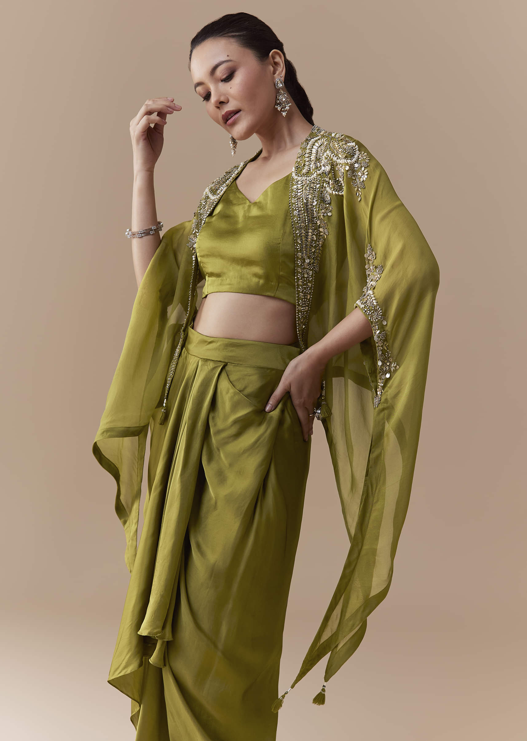 Mehendi Green Crop Top Draped Skirt Set with Sequin Cape - Image 4