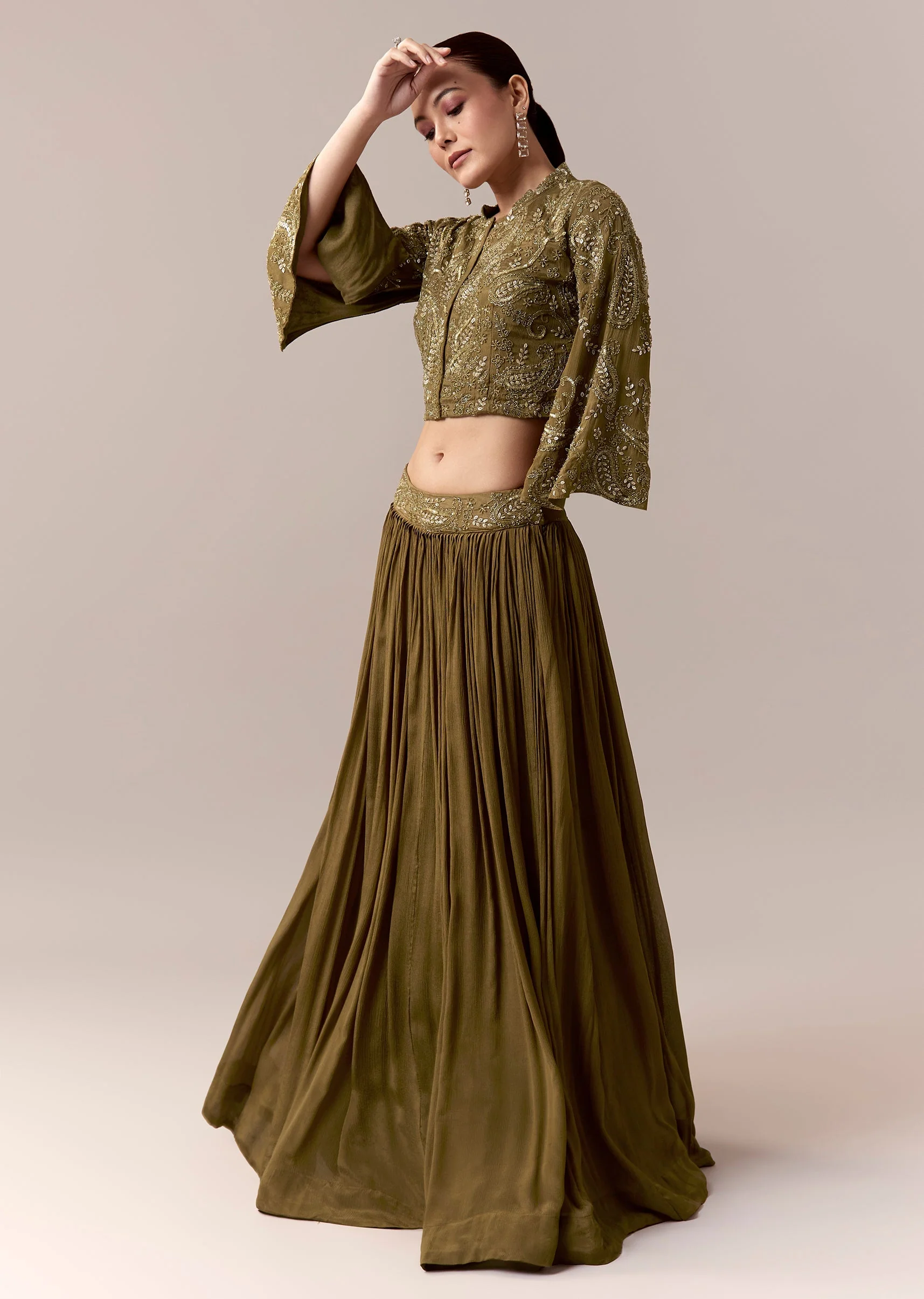 Mehendi Green Crop Top Skirt Indo Western With Cut Dana Sequins Work - Image 3