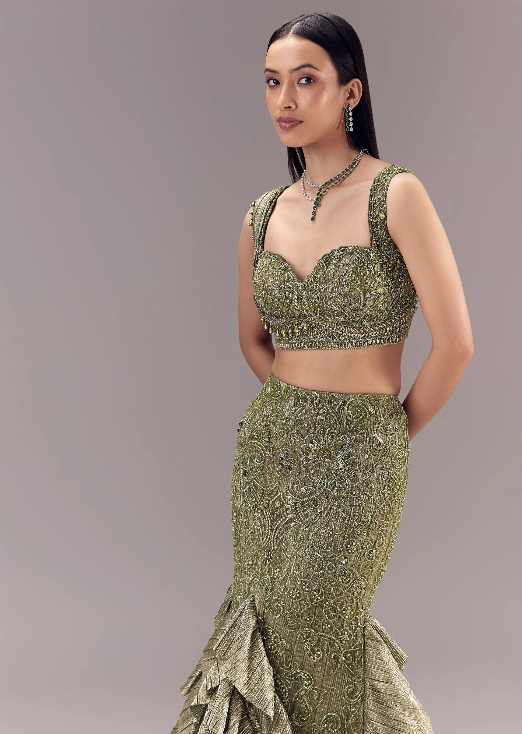 Mehendi Green Draped Blouse with Frill Skirt - Image 6